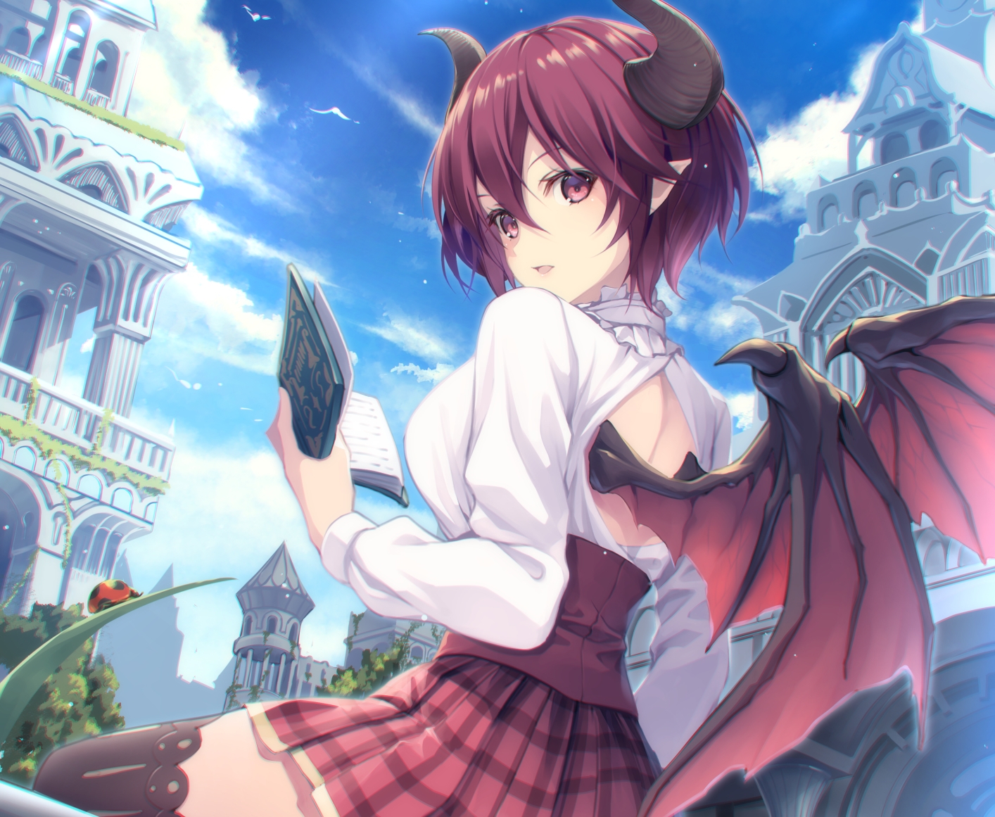 book, building, clouds, cropped, grea_(shingeki_no_bahamut), horns, pointed_ears, red_eyes, red_hair, shingeki_no_bahamut, short_hair, skirt, sky, thighhighs, wings, yoshino_ryou