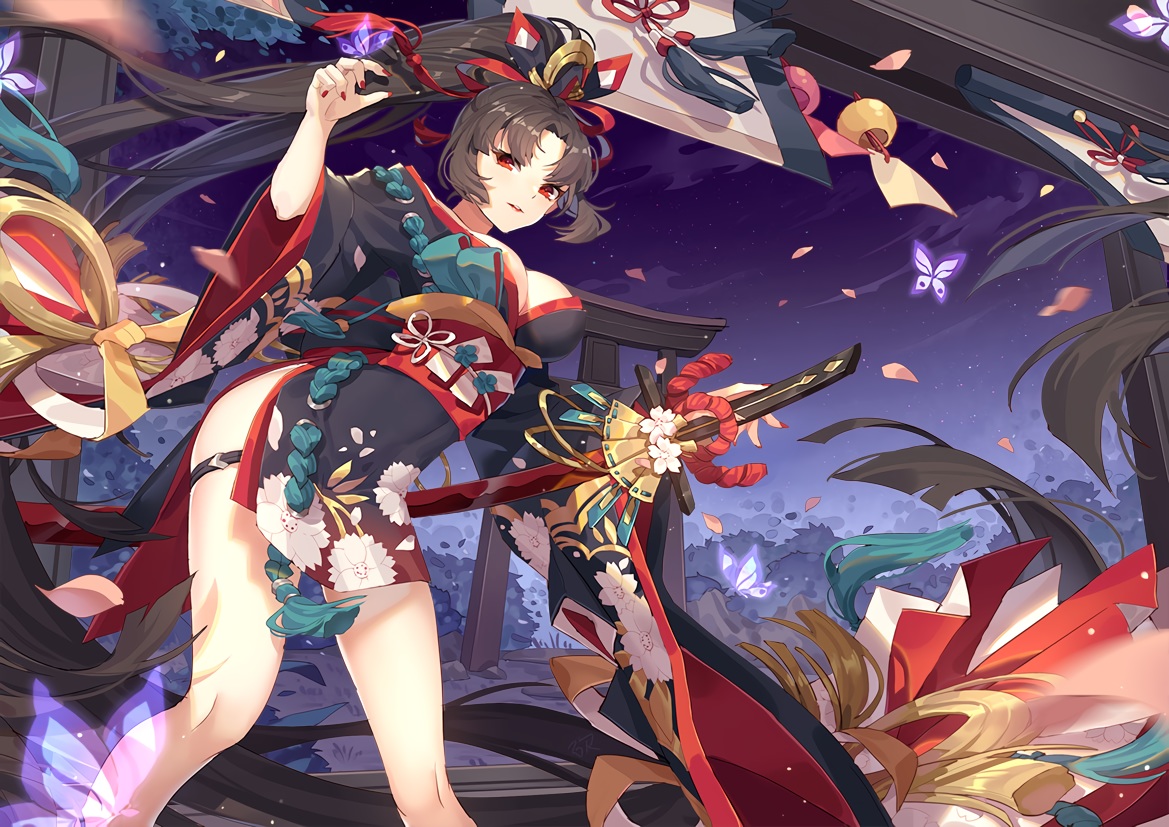 breasts, brown_hair, butterfly, cleavage, clouds, garter, japanese_clothes, kan_(rainconan)