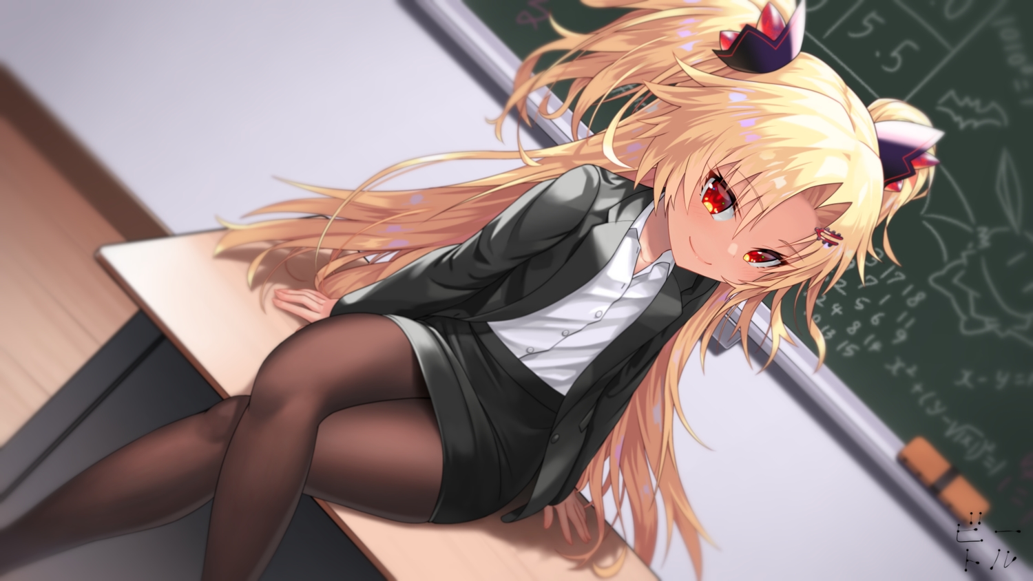 akatsuki_yuni, bettle_(b_s_a_n), blonde_hair, long_hair, pantyhose, red_eyes, skirt, suit, twintails, uni_create, vampire, watermark