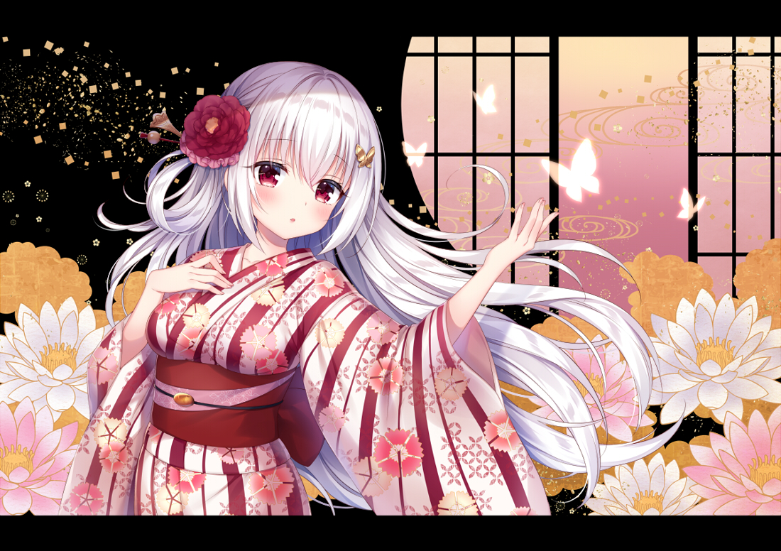 aliasing, blush, butterfly, flowers, japanese_clothes, kyuketsuki-chan_(mitsuba_choco), long_hair, mitsuba_choco