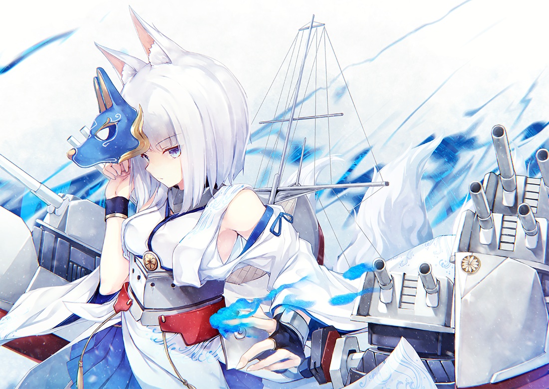 animal_ears, anthropomorphism, aqua_eyes, azur_lane, fire, foxgirl, japanese_clothes, kaga_(azur_lane), kurenai_musume, mask, multiple_tails, short_hair, tail, weapon, white_hair
