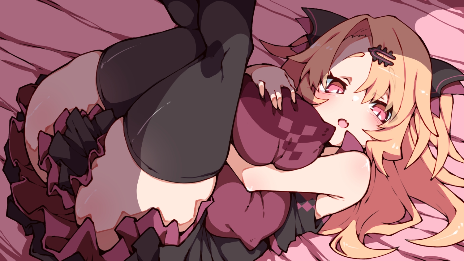 akatsuki_yuni, bed, blonde_hair, fang, kz_oji, long_hair, pink_eyes, thighhighs, twintails, uni_create, vampire