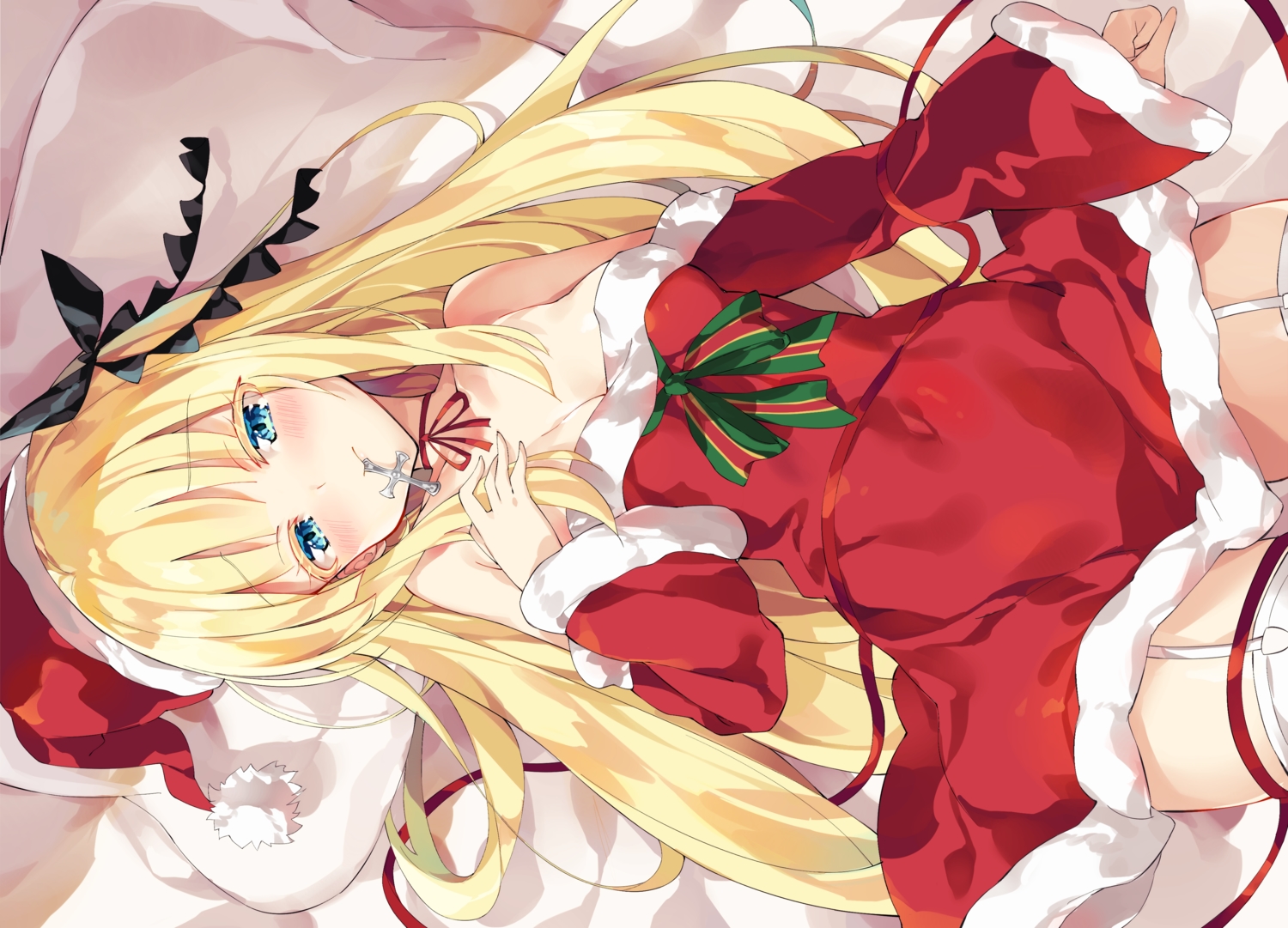 aqua_eyes, bed, blonde_hair, blush, choker, christmas, cross, dress