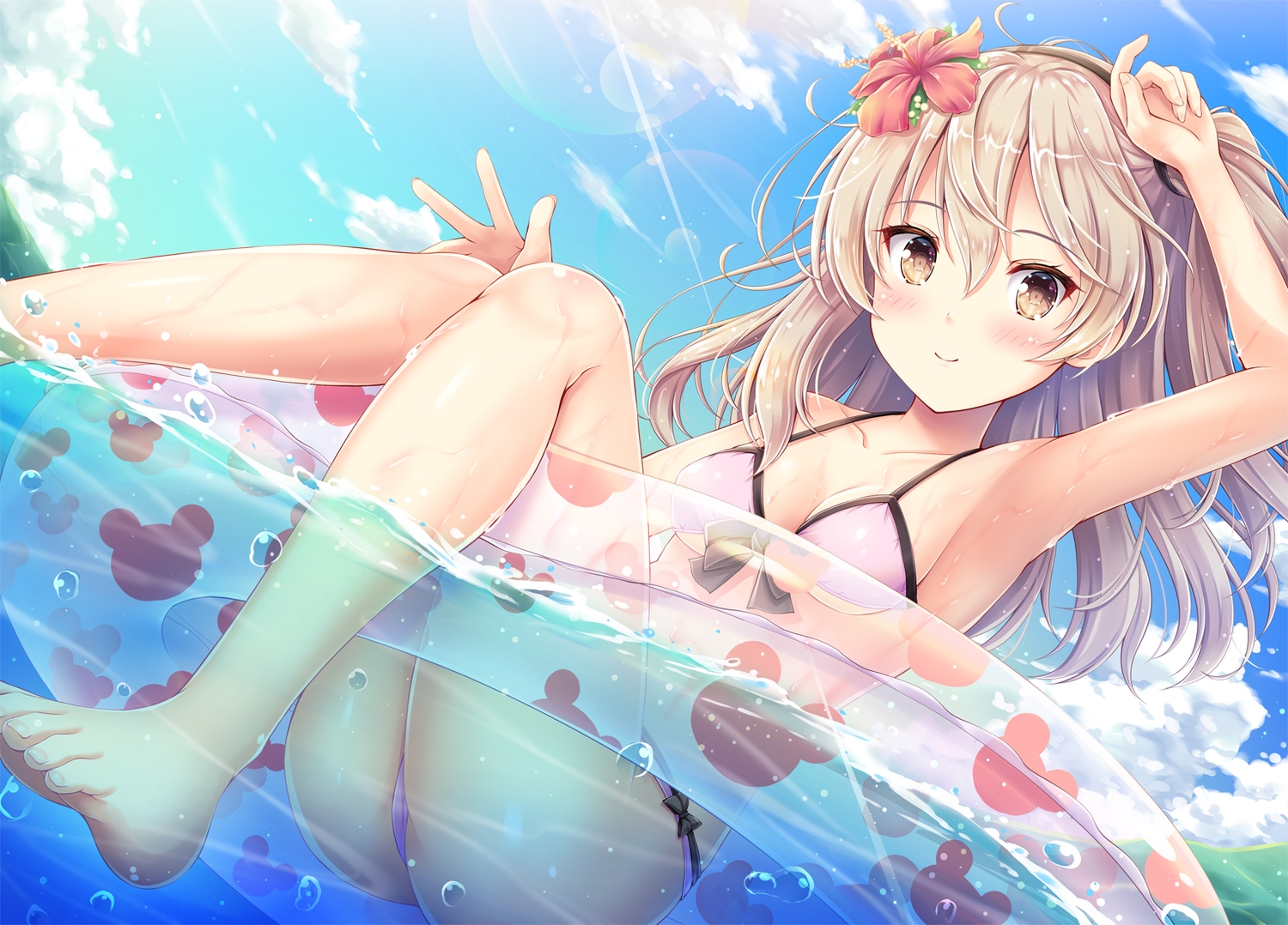 akashio_(loli_ace), barefoot, bikini, blonde_hair, blush, brown_eyes, clouds, flowers