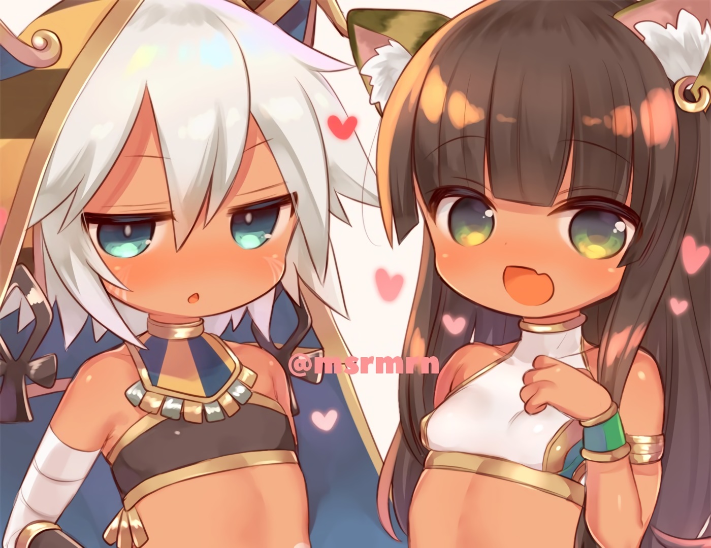 2girls, animal_ears, aqua_eyes, bandage, bastet_(p&d), brown_hair, catgirl, close, cropped, dark_skin, fang, flat_chest, green_eyes, headdress, heart, loli, long_hair, marshmallow_mille, puzzle_&_dragons, short_hair, sopdet_(p&d), tattoo, waifu2x, watermark, white_hair, wristwear