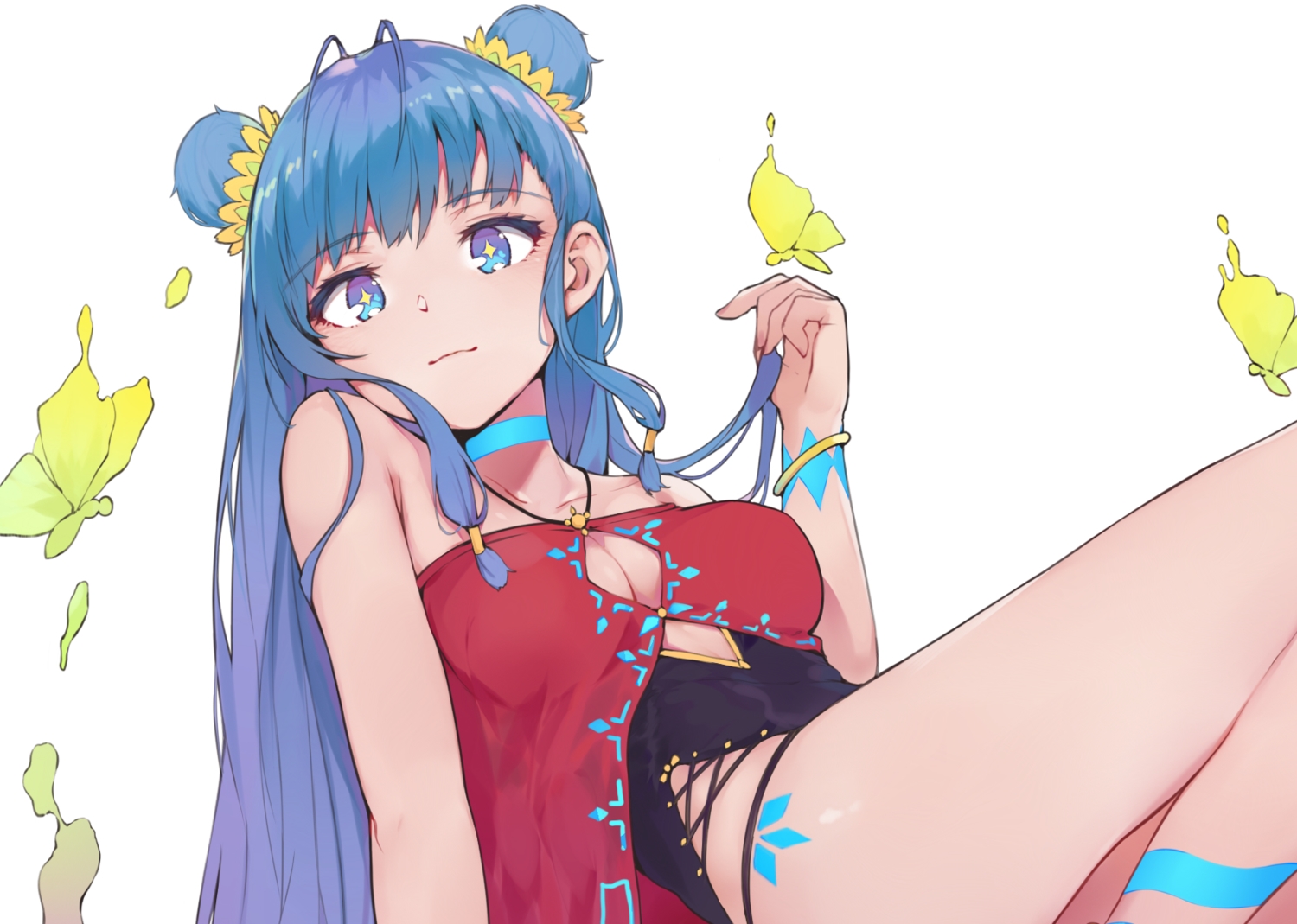 aqua_eyes, blue_hair, breasts, butterfly, choker, cleavage, grain, long_hair, necklace, original, tattoo, white, wristwear