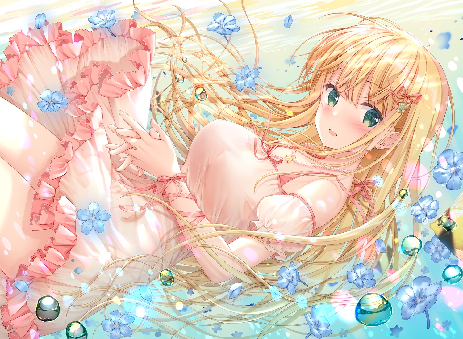 blonde_hair, blush, breasts, bubbles, dress, flowers, green_eyes, inagaki_minami, long_hair, necklace, original, ribbons, sousouman, underwater, water, wristwear