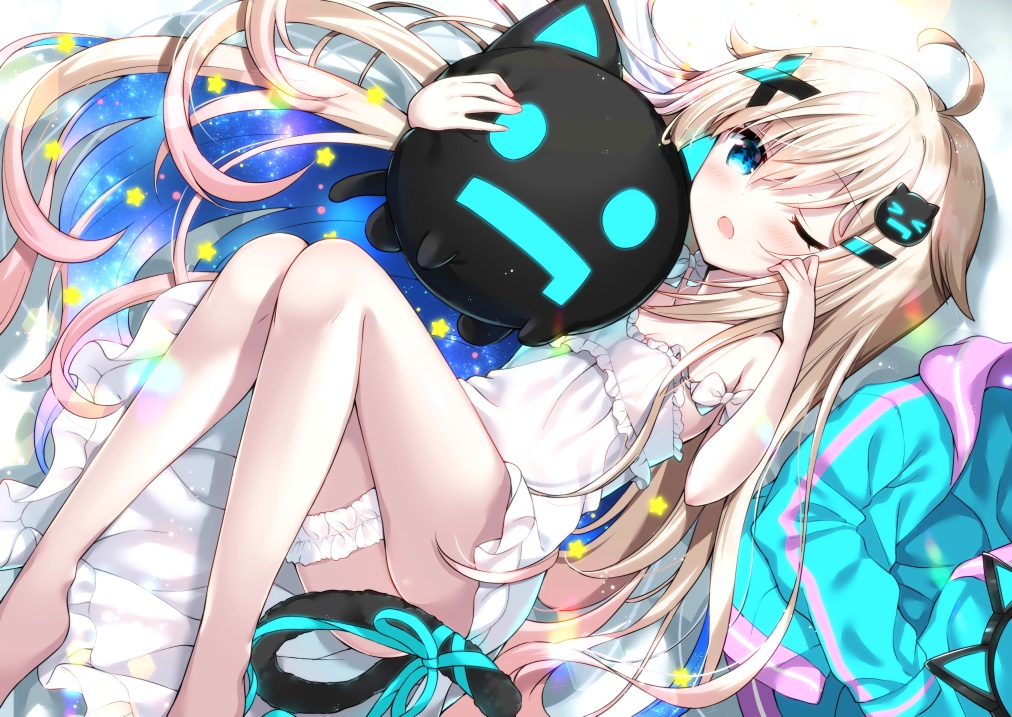 aqua_eyes, blonde_hair, bow, catgirl, garter, indie_virtual_youtuber, loli, long_hair, ribbons, stars, tail, uchuuneko, uchuu_neko_(vtuber), wink