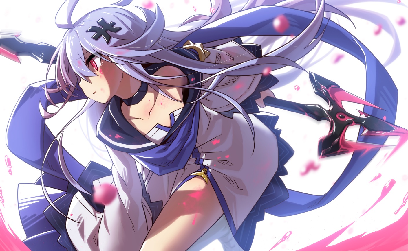 blue_hair, choker, little_mermaid_(mary_skelter), long_hair, mary_skelter, mizunashi_(second_run), red_eyes, spear, weapon