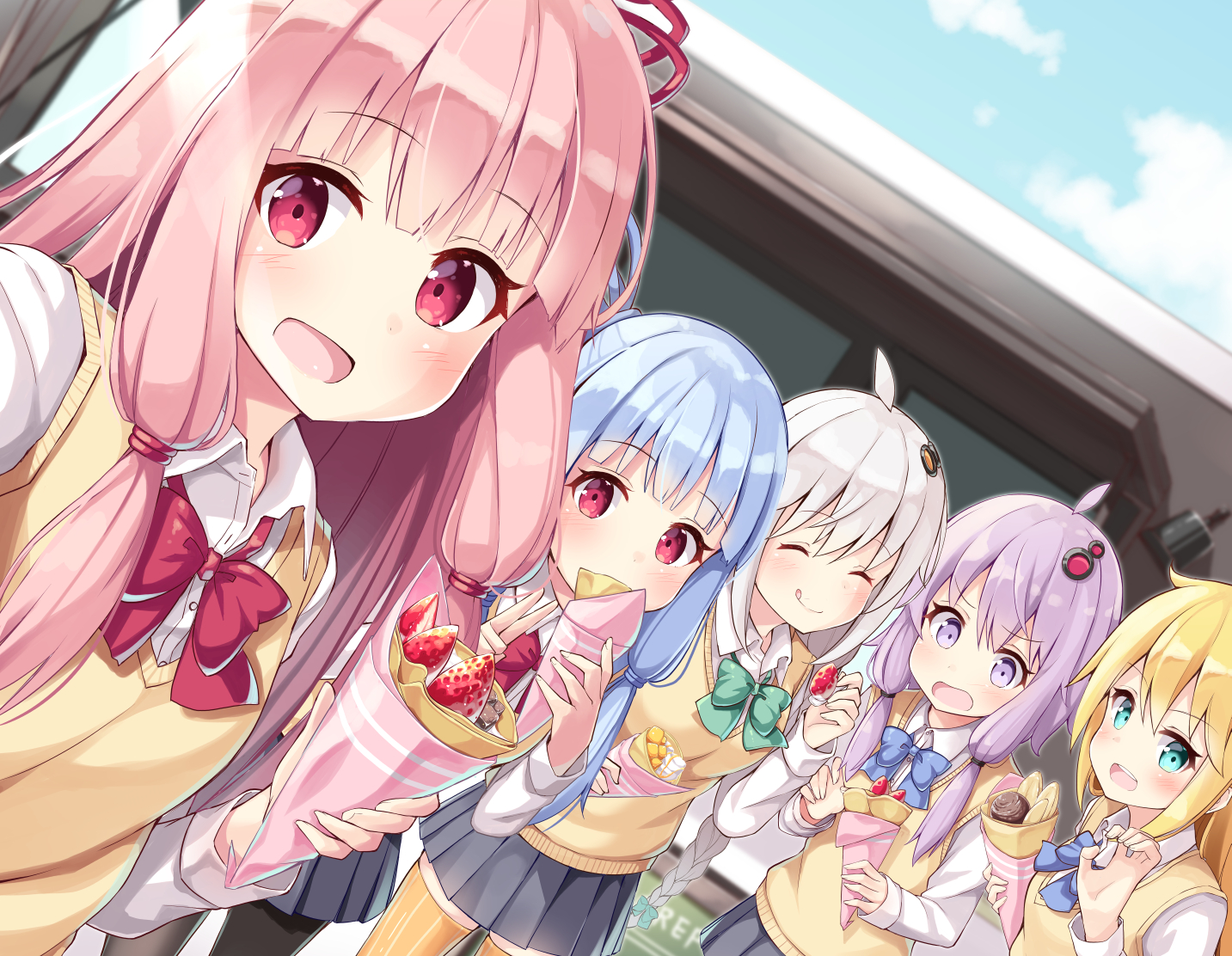 blonde_hair, blue_hair, bow, braids, food, fruit, gray_hair, green_eyes