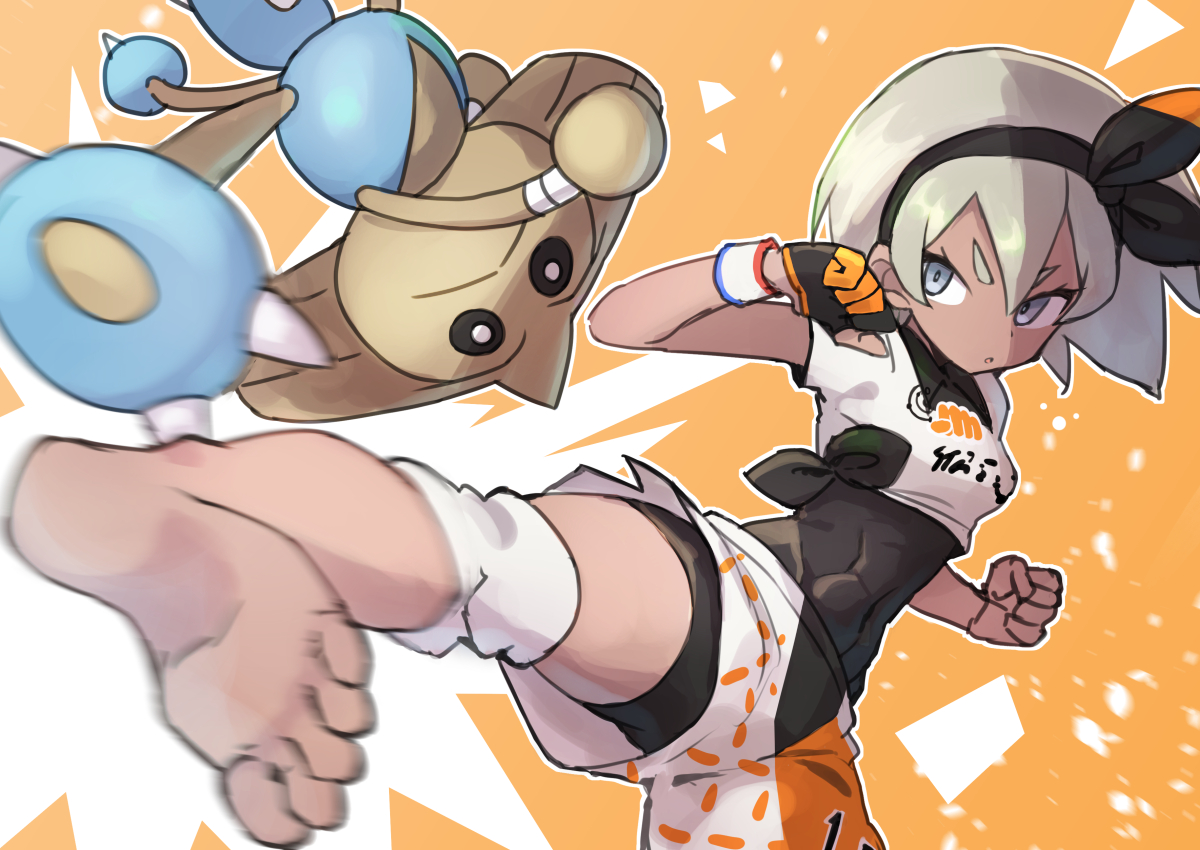 barefoot, blue_eyes, bodysuit, dark_skin, gazacy_(dai), gloves, gray_hair, headband, hitmontop, kick, orange, pokemon, saitou_(pokemon), short_hair, shorts, wristwear