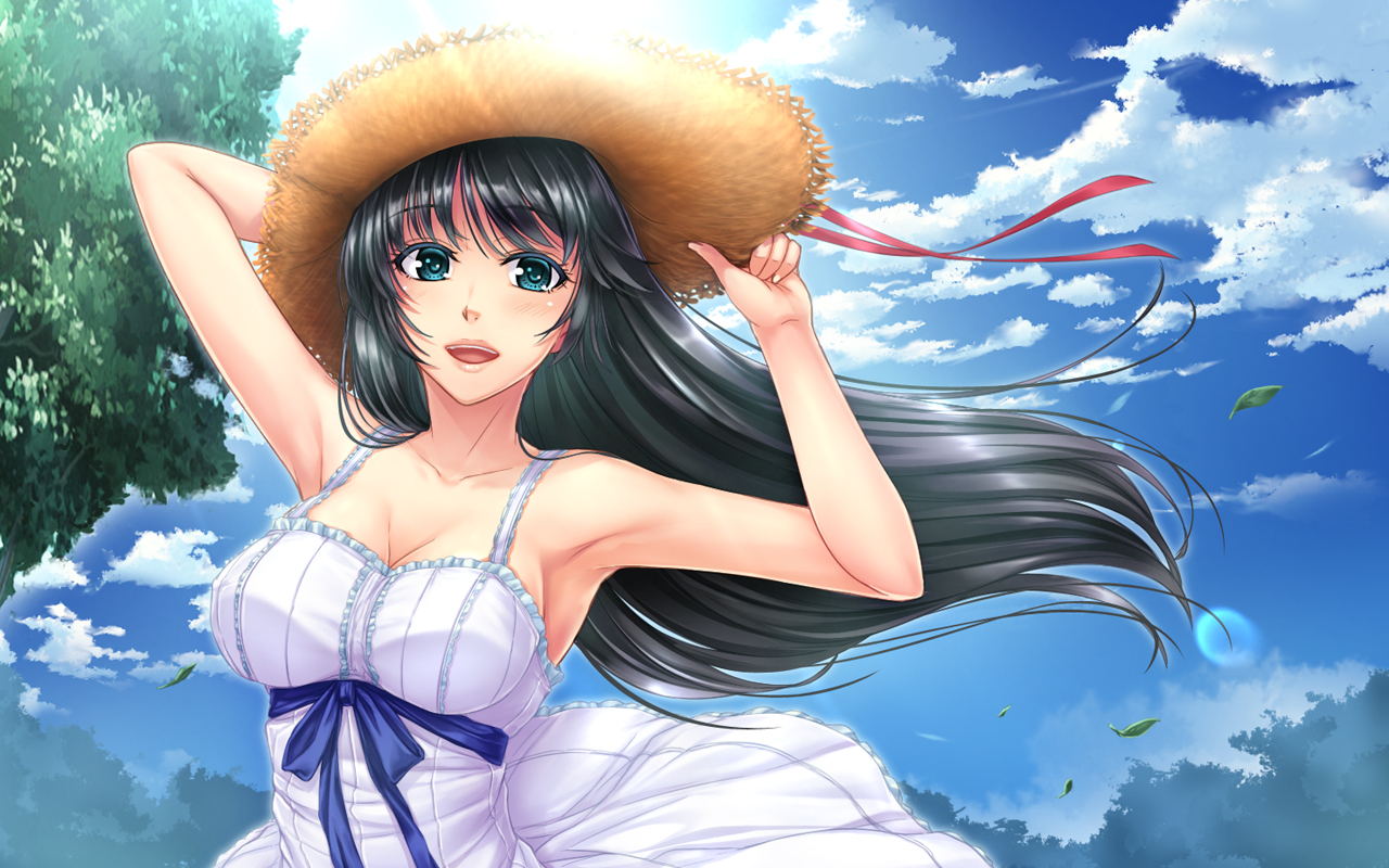 black_hair, blue_eyes, blush, breasts, clouds, dress, hat, kobapyon