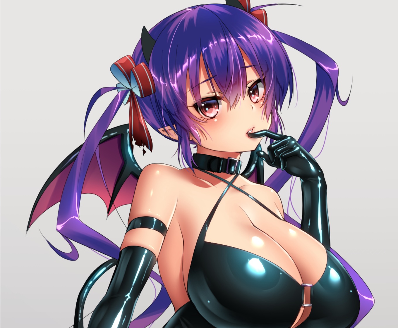 bow, breasts, cleavage, close, collar, cropped, demon, elbow_gloves, gloves, horns, kirito_(tundereyuina), long_hair, original, pointed_ears, purple_hair, red_eyes, tail, twintails, waifu2x, wings