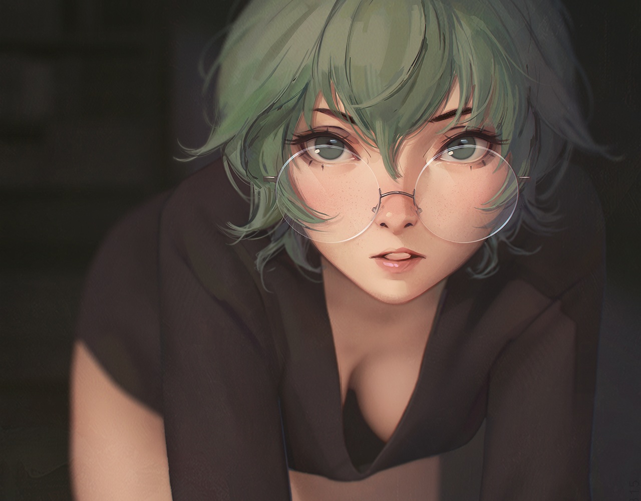 breasts, cropped, eto_(tokyo_ghoul), glasses, green_eyes, green_hair, miura_naoko, no_bra, realistic, short_hair, tokyo_ghoul
