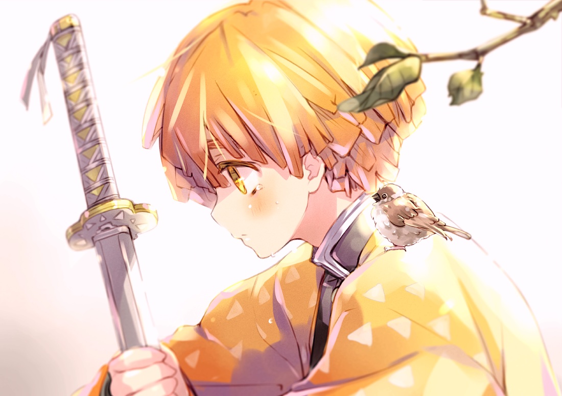 agatsuma_zenitsu, all_male, animal, bird, blush, close, katana, kimetsu_no_yaiba, kuga_tsukasa, leaves, male, orange_hair, short_hair, sword, tears, weapon, yellow_eyes