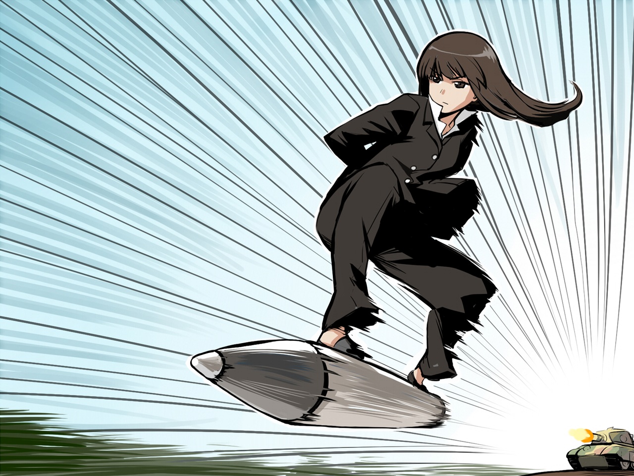 brown_eyes, brown_hair, combat_vehicle, dragonball, girls_und_panzer, gradient, long_hair, nishizumi_shiho