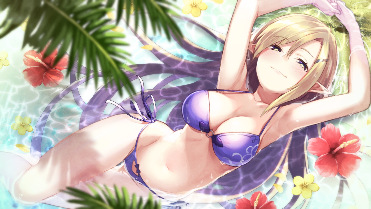 bikini, breasts, brown_hair, cleavage, flowers, long_hair, navel, original