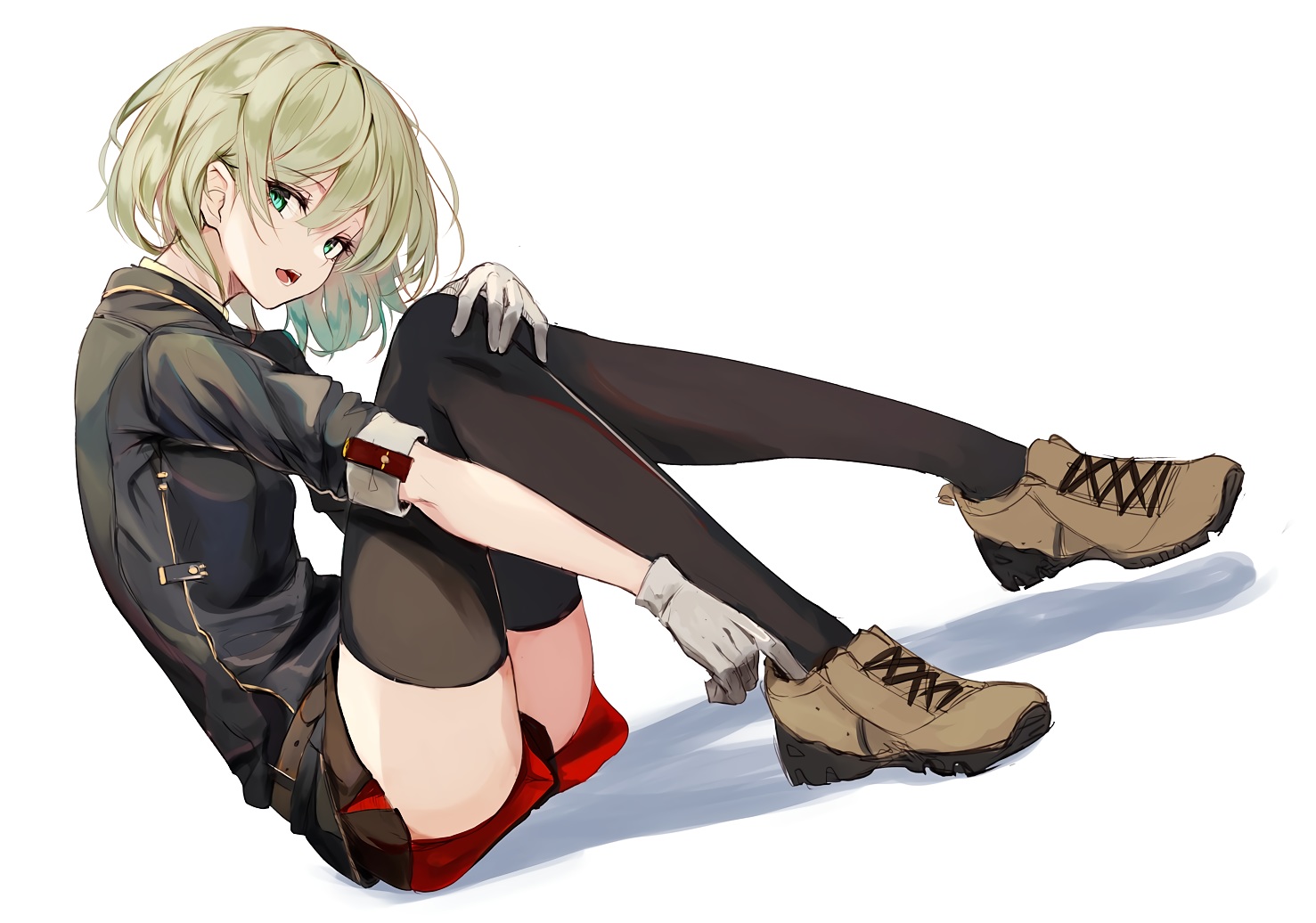 gloves, green_eyes, green_hair, homo_1121, short_hair, shorts, thighhighs, uniform