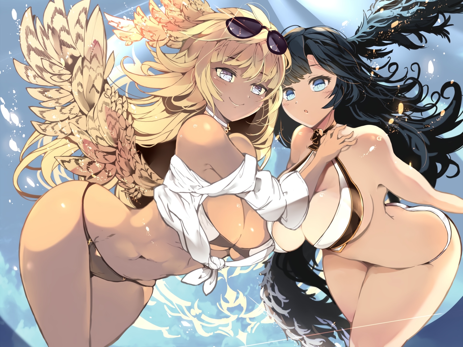 2girls, bikini, black_hair, blonde_hair, blue_eyes, cropped, dark_skin, granblue_fantasy, halluel, long_hair, malluel, navel, sky, sunglasses, swimsuit, venomrobo, wings
