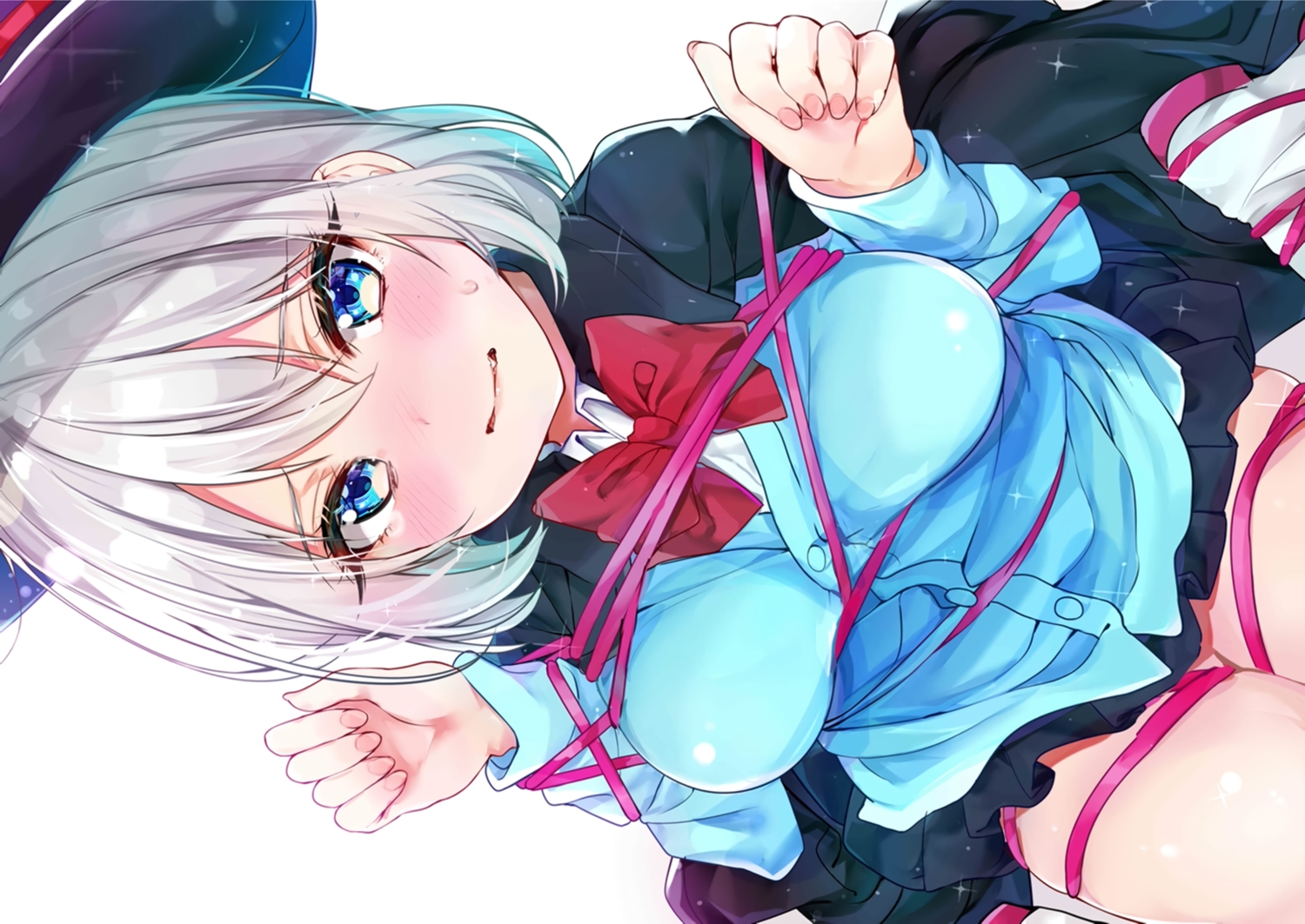 aqua_eyes, blush, bondage, cape, close, fang, hat, rouka_(akatyann), school_uniform, skirt, tejina_senpai, tejina_senpai_(character)