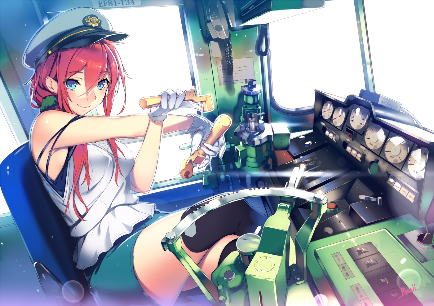 aqua_eyes, gloves, hat, long_hair, original, red_hair, shoken_narai, skirt