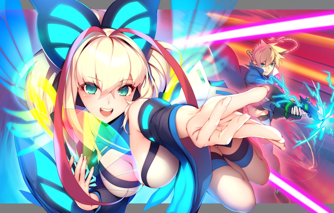 aliasing, azure_striker_gunvolt, blonde_hair, braids, breasts, cleavage, fan, green_eyes, gun, gunvolt, long_hair, lumen_(azure_striker_gunvolt), male, ribbons, shoken_narai, thighhighs, weapon