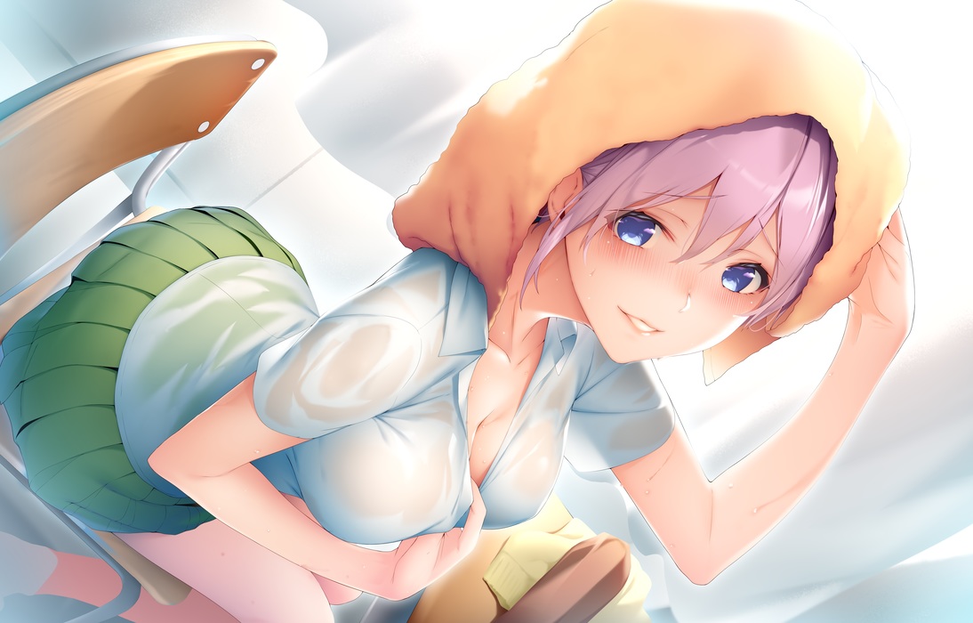 blue_eyes, blush, breasts, cleavage, go-toubun_no_hanayome, nakano_ichika, no_bra, purple_hair