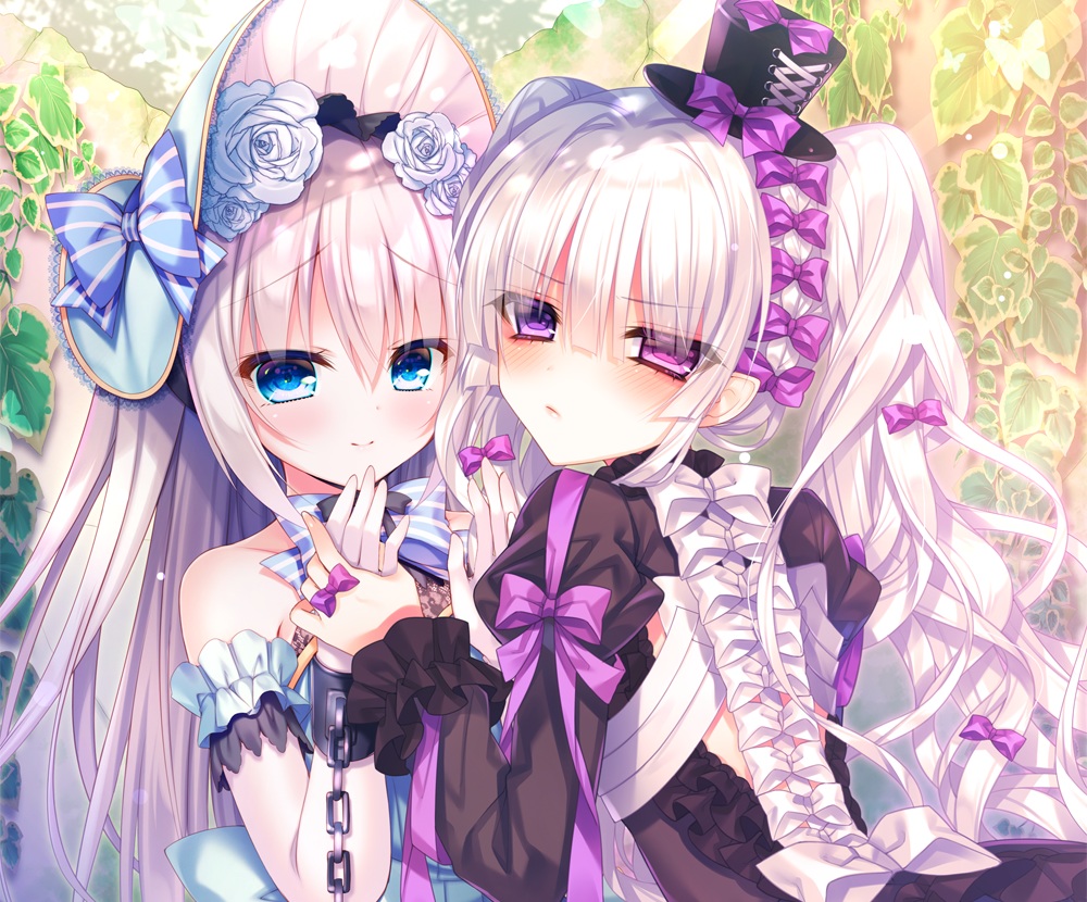 2girls, aqua_eyes, bicolored_eyes, bow, chain, cropped, goth-loli, hat