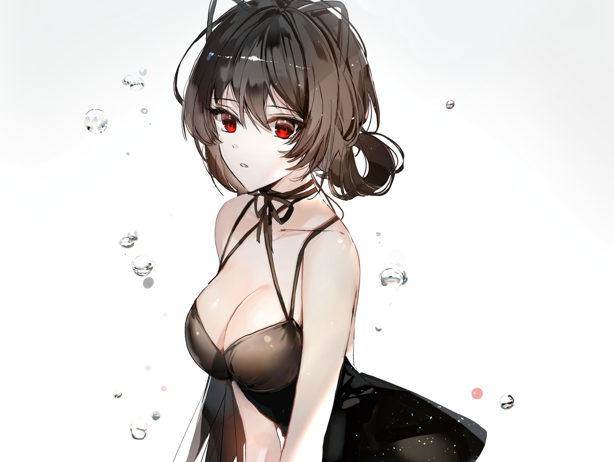 breasts, brown_hair, choker, cleavage, cropped, dress, gradient, long_hair