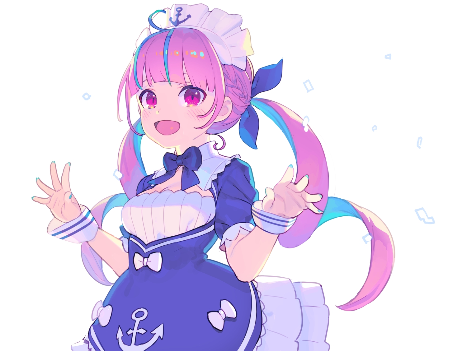 blush, bow, braids, dress, headdress, hololive, long_hair, minato_aqua