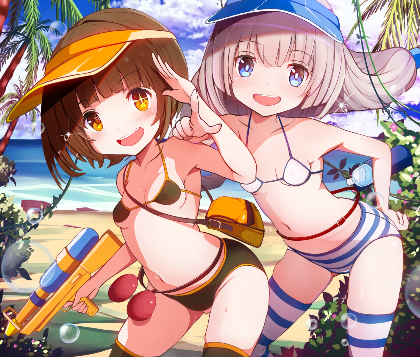 2girls, beach, bikini, blue_eyes, blush, brown_hair, bubbles, cropped, drink, erect_nipples, gray_hair, hat, loli, long_hair, navel, orange_eyes, original, papion, short_hair, swimsuit, thighhighs, tree, water