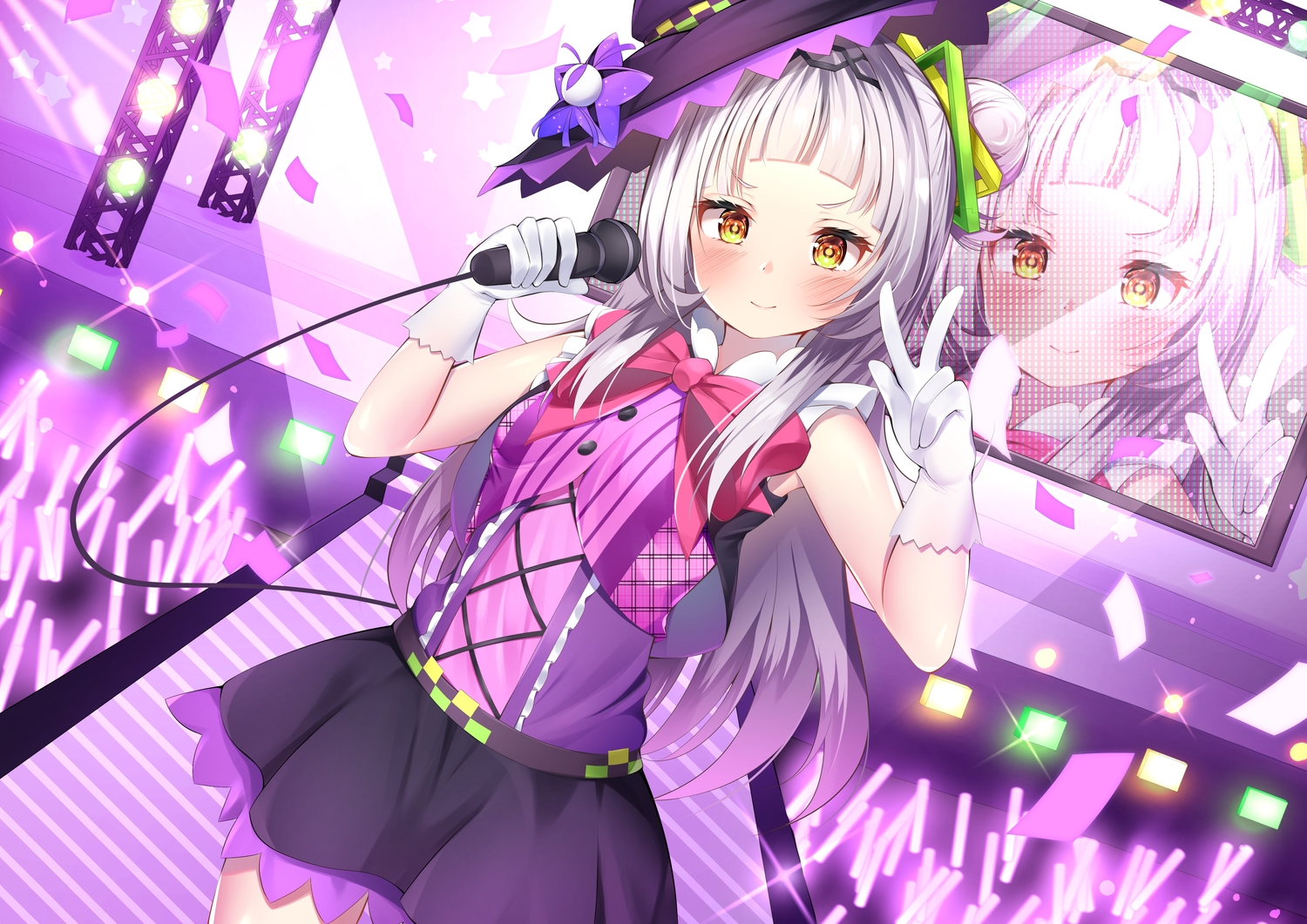 blush, bow, gloves, gray_hair, hat, hololive, long_hair, microphone