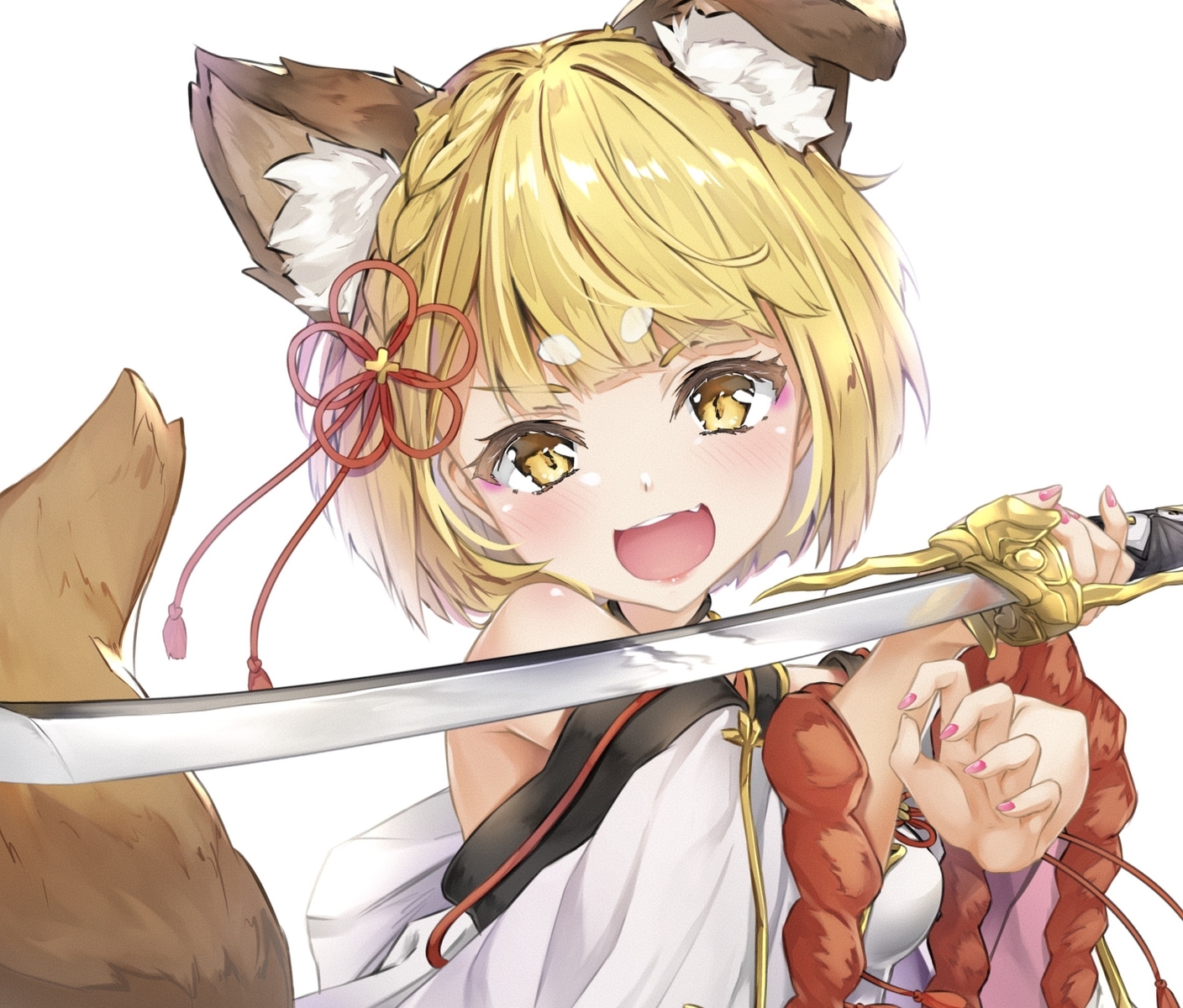 animal_ears, blonde_hair, blush, braids, close, cropped, doggirl, fang