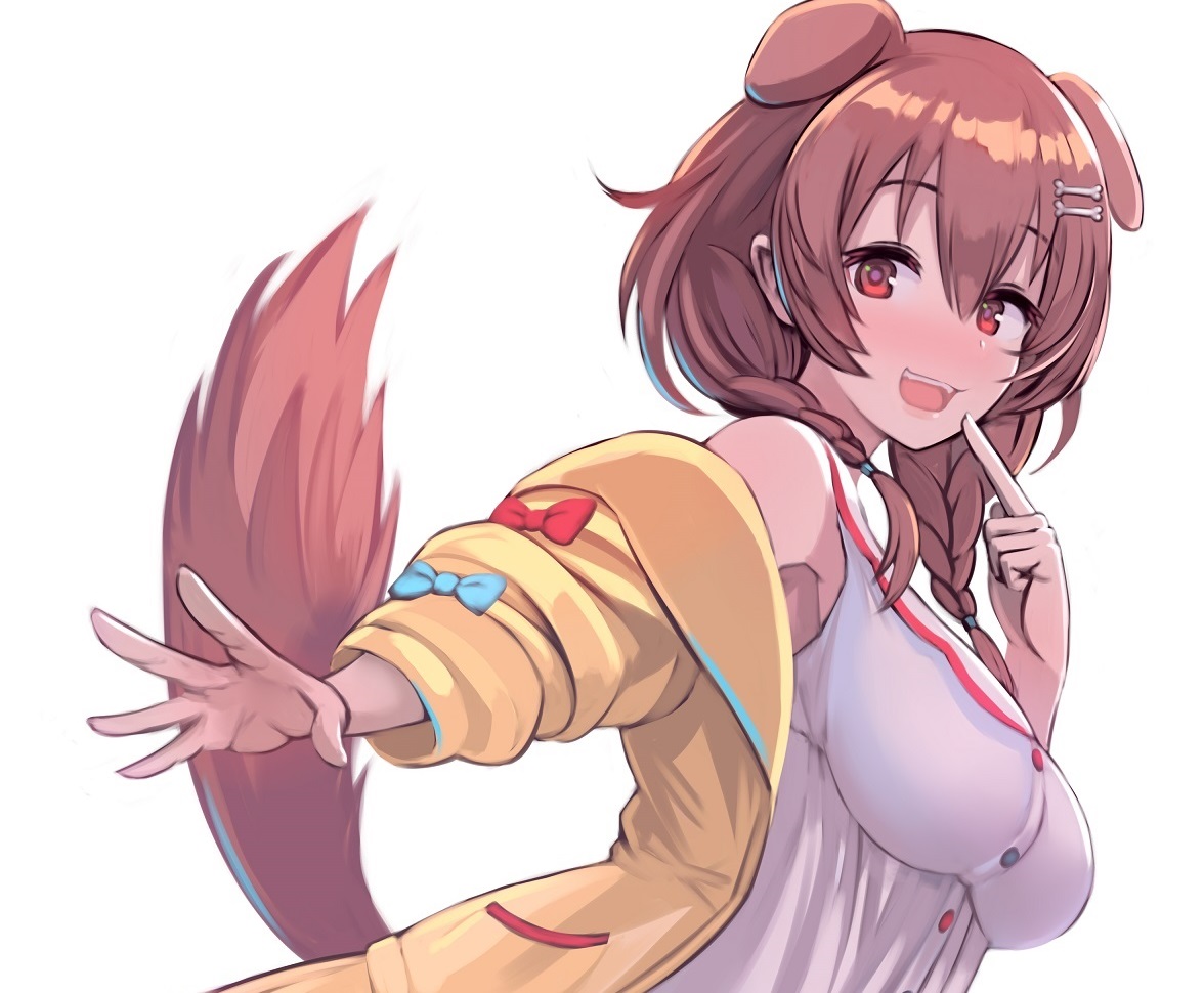 animal_ears, bow, braids, breasts, brown_hair, cropped, doggirl, dress, enumiyan, hololive, hood, inugami_korone, long_hair, red_eyes, summer_dress, tail, twintails, white