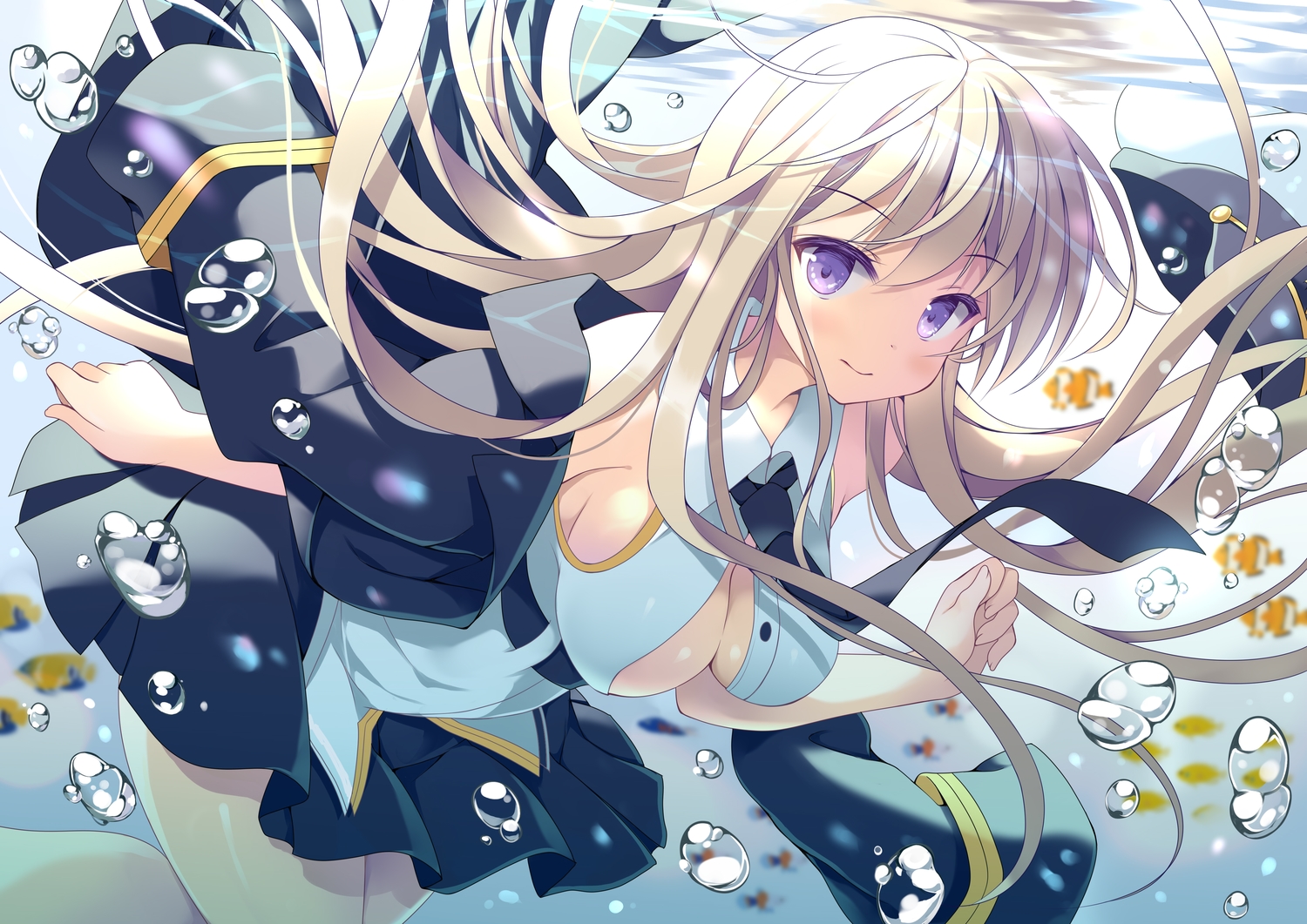 animal, anthropomorphism, azur_lane, blonde_hair, breasts, bubbles, cleavage, enterprise_(azur_lane), fish, hat, hoshino_koucha, purple_eyes, skirt, tie, underwater, uniform, water