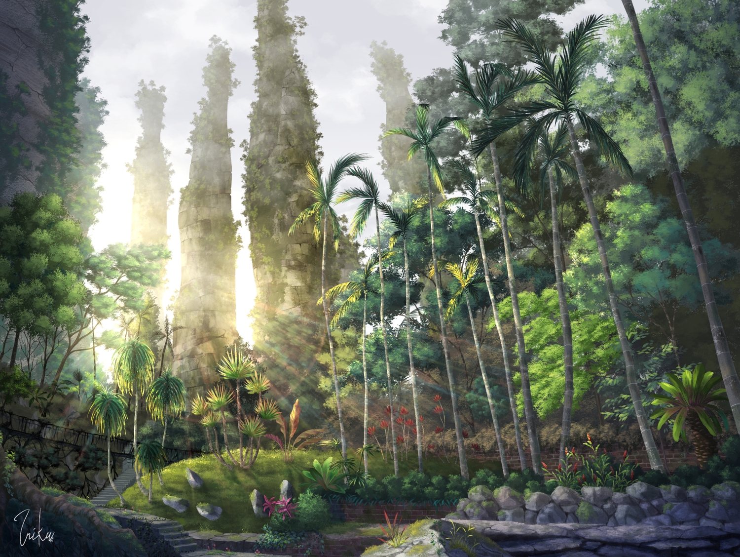 clouds, flowers, forest, green, inika, original, ruins, scenic