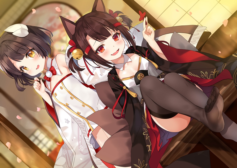 2girls, akagi_(azur_lane), akagi-chan_(azur_lane), animal_ears, anthropomorphism, azur_lane, bell, bow