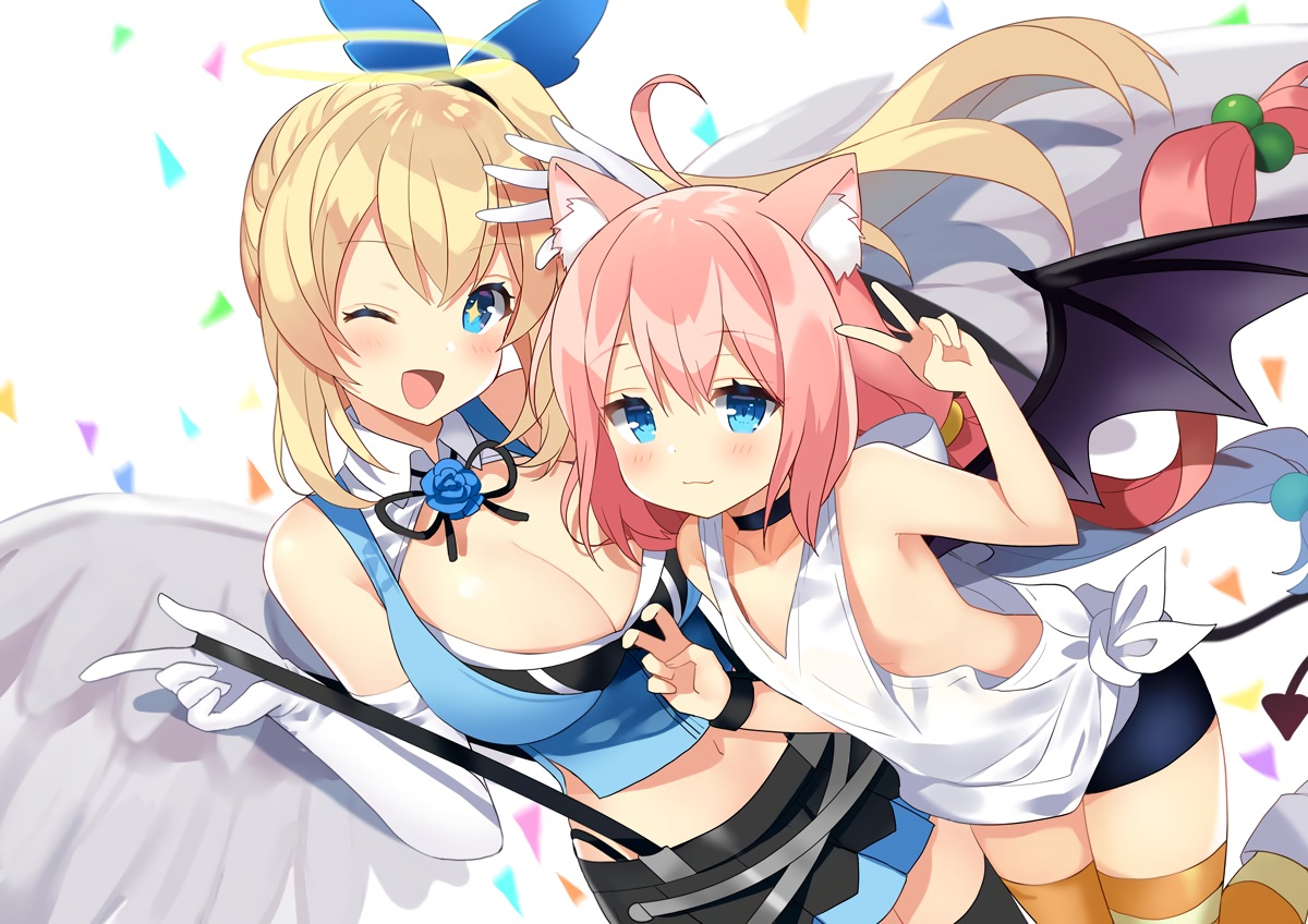 2girls, angel, animal_ears, aqua_eyes, bike_shorts, blonde_hair, blush, breasts