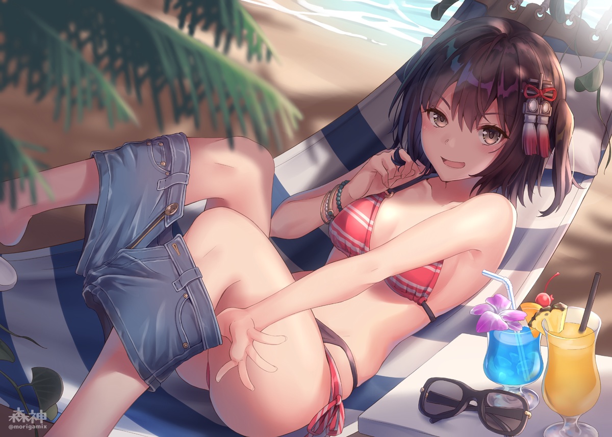 anthropomorphism, beach, bikini, brown_eyes, brown_hair, cherry, drink, d-style_wed, food, fruit, kantai_collection, orange_(fruit), sendai_(kancolle), shade, short_hair, shorts, sunglasses, swimsuit, twintails, undressing, water, watermark, wristwear