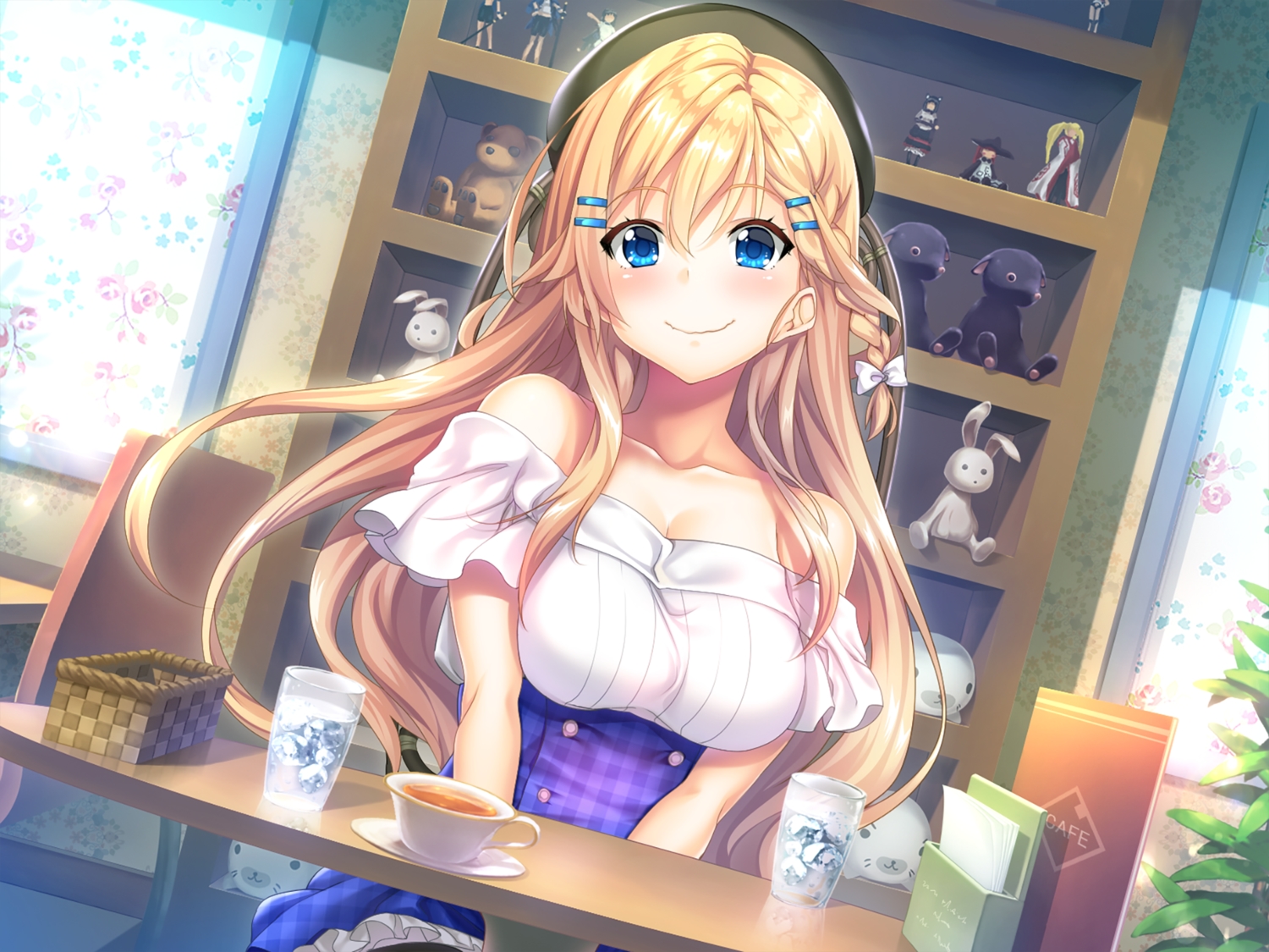 aikagi_2, azarashi_soft, blonde_hair, blue_eyes, blush, braids, drink, game_cg