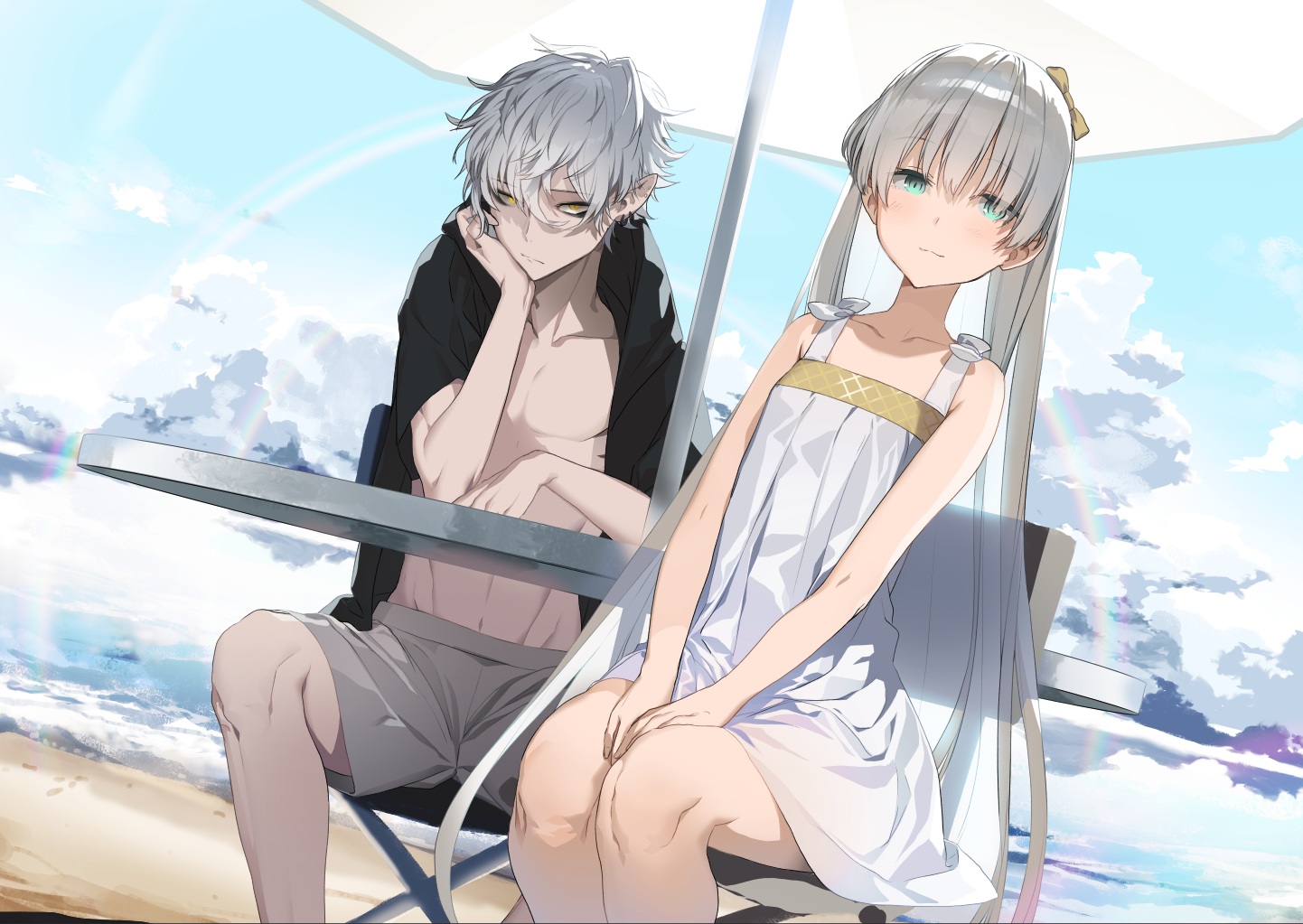 akinashi_yuu, anastasia_(fate/grand_order), beach, bow, clouds, dress, fate/grand_order, fate_(series)