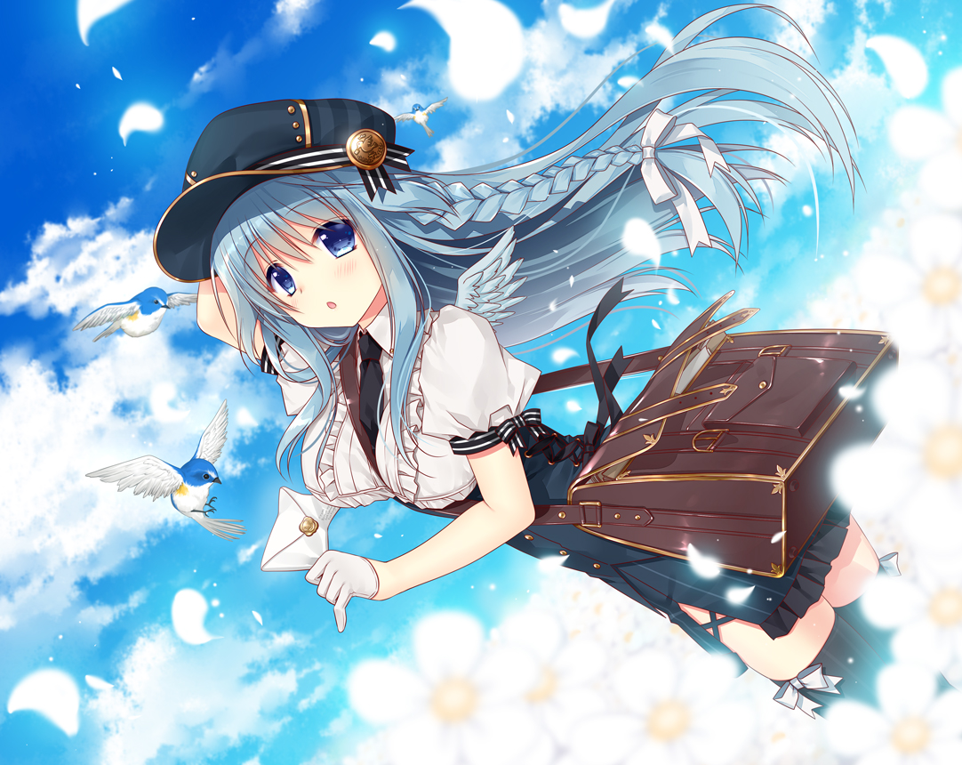 animal, bird, blue_eyes, blue_hair, braids, breasts, clouds, dress