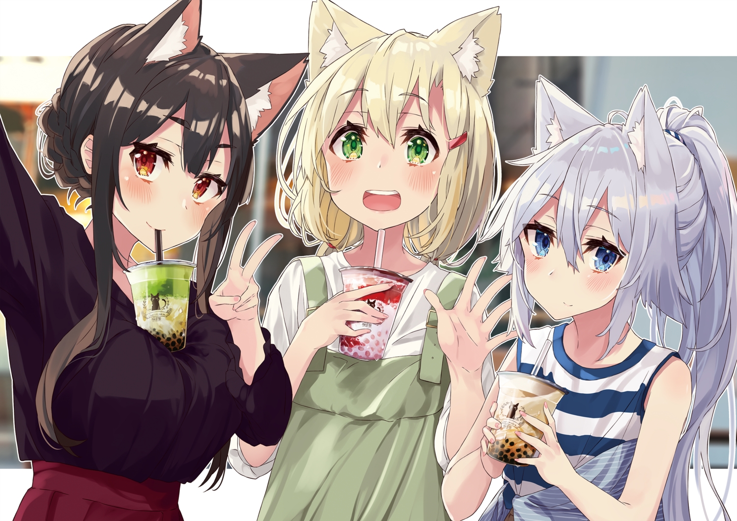 animal_ears, black_hair, blonde_hair, blue_eyes, blush, braids, catgirl, dress