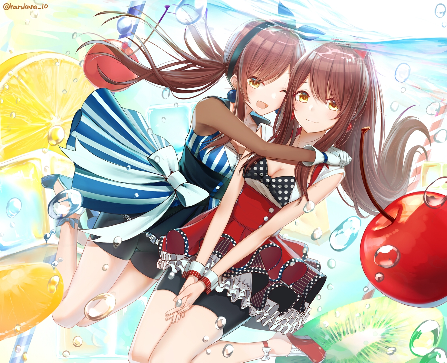 2girls, bike_shorts, bow, breasts, brown_hair, bubbles, cherry, cleavage