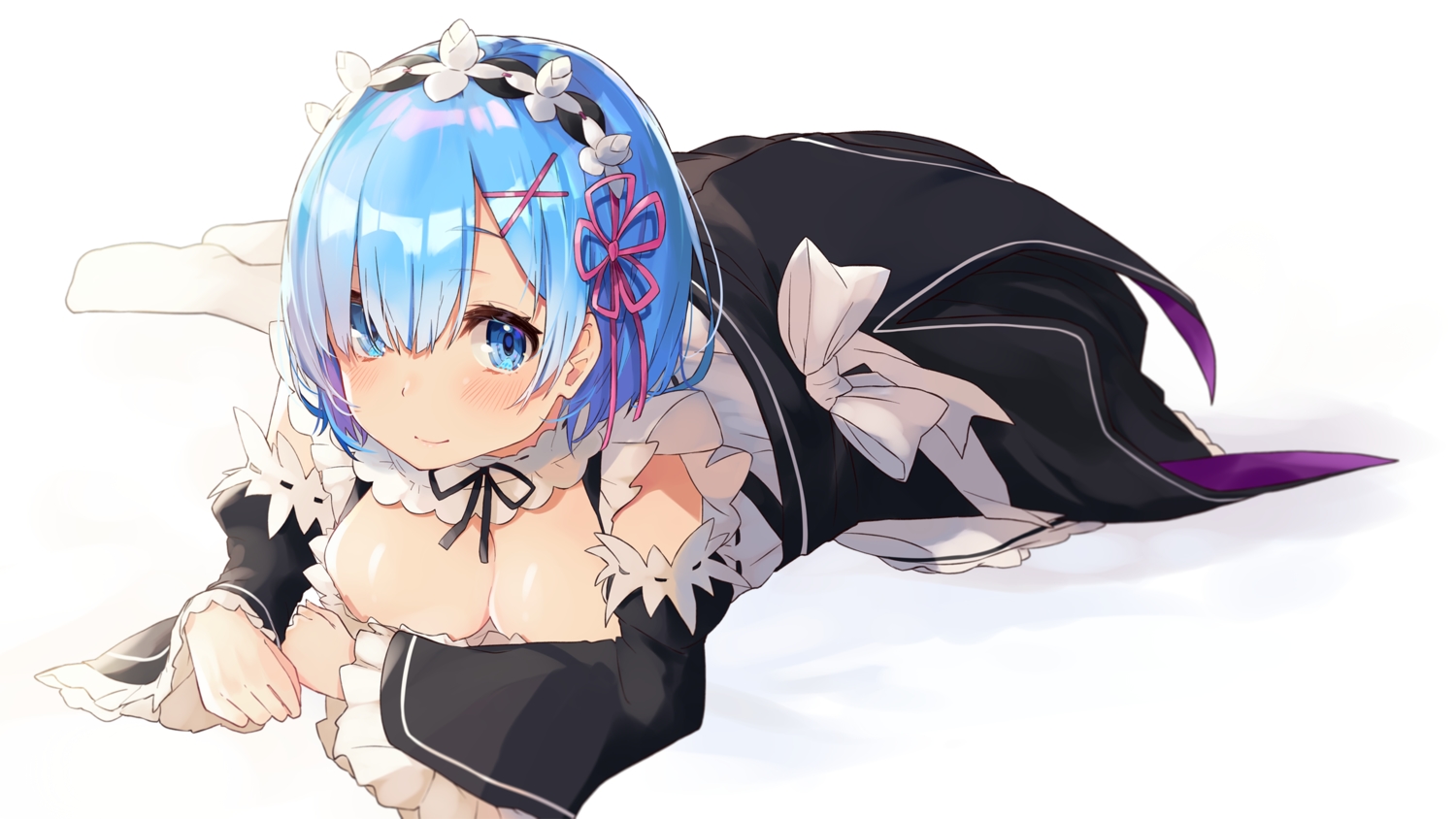 aqua_eyes, aqua_hair, blush, bow, breasts, cleavage, dress, headband