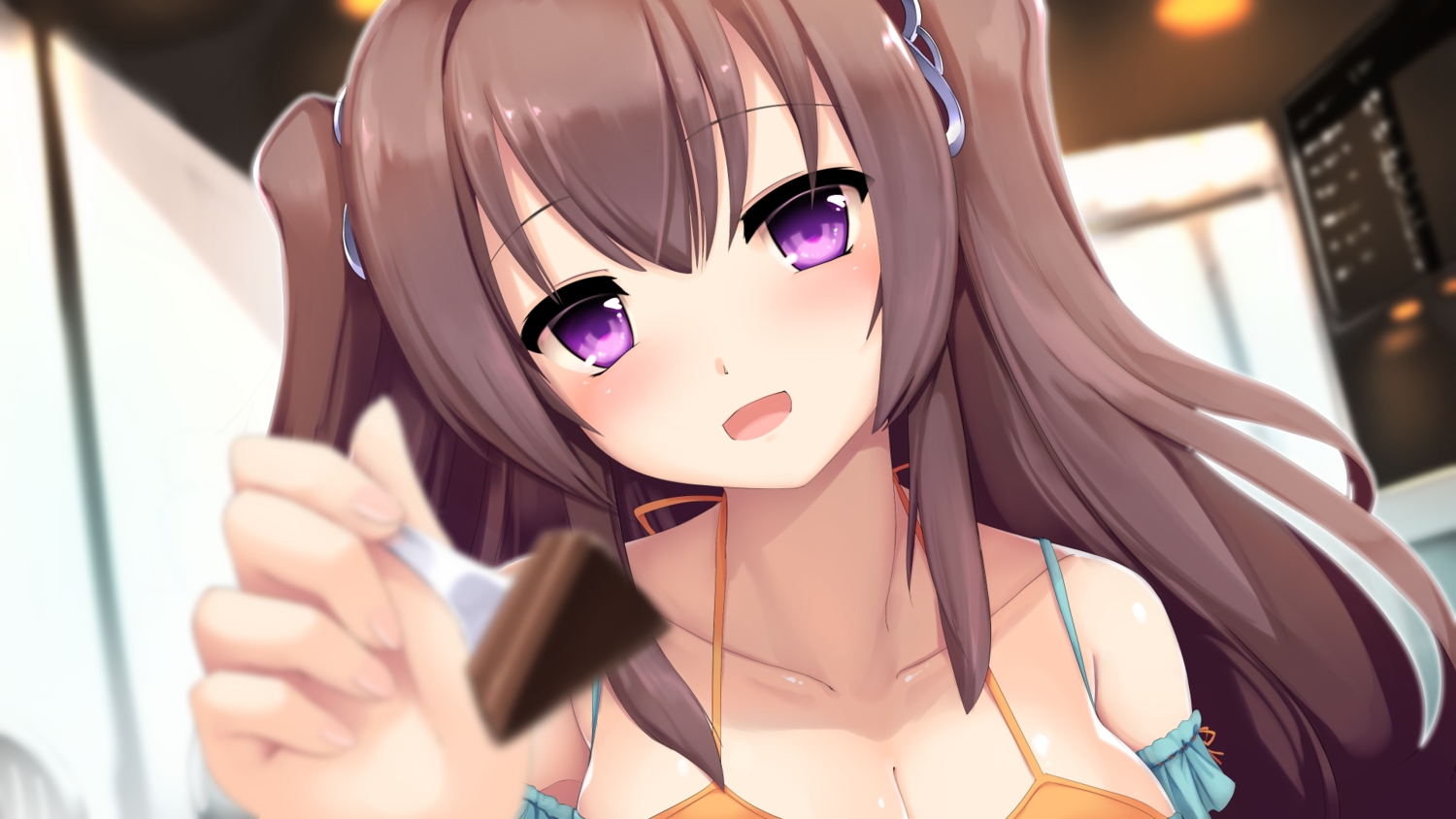 blush, breasts, brown_hair, cake, cleavage, close, food, long_hair