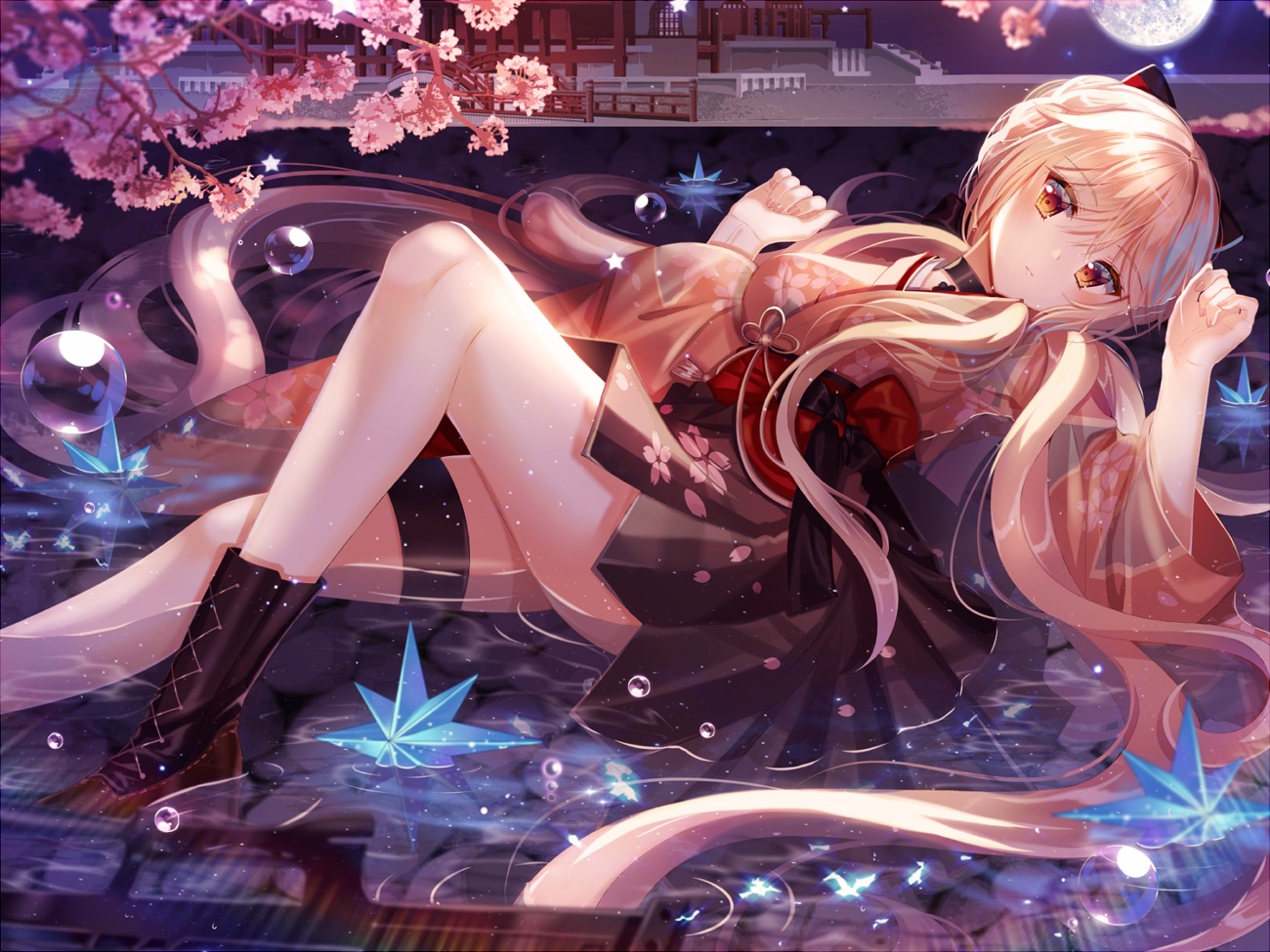 anthropomorphism, blonde_hair, boots, bubbles, cherry_blossoms, choker, ecu8080, flowers, garter, girls_frontline, japanese_clothes, long_hair, moon, night, orange_eyes, ots-14_(girls_frontline), rainbow, water, yukata