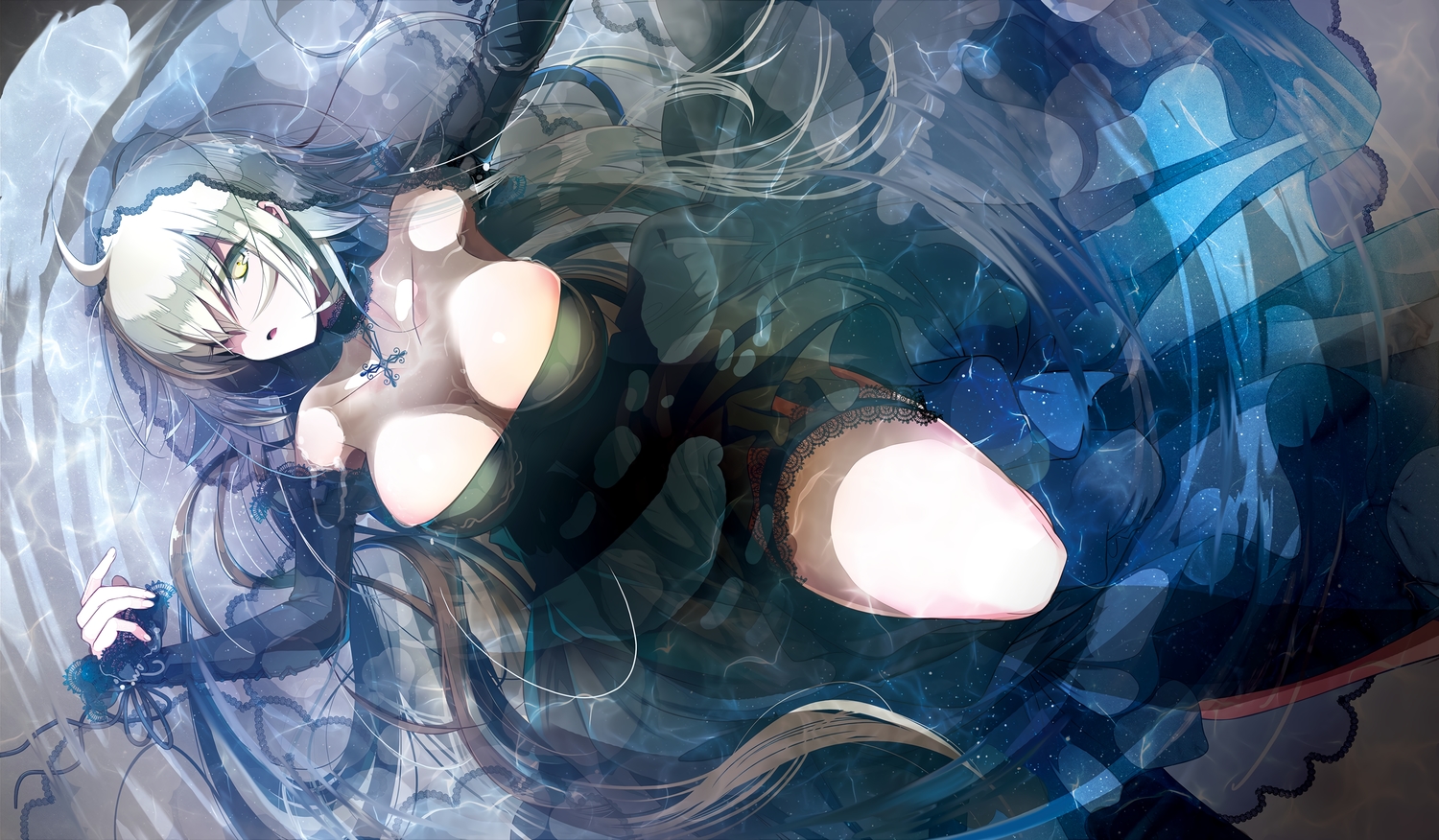 blonde_hair, breasts, choker, cleavage, cross, dress, fate/grand_order, fate_(series), headdress, jeanne_d'arc_alter, jeanne_d'arc_(fate), long_hair, tokitsukaze_otoha, water, yellow_eyes