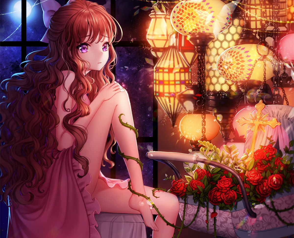 ango, barefoot, cropped, dress, flowers, long_hair, original, purple_eyes
