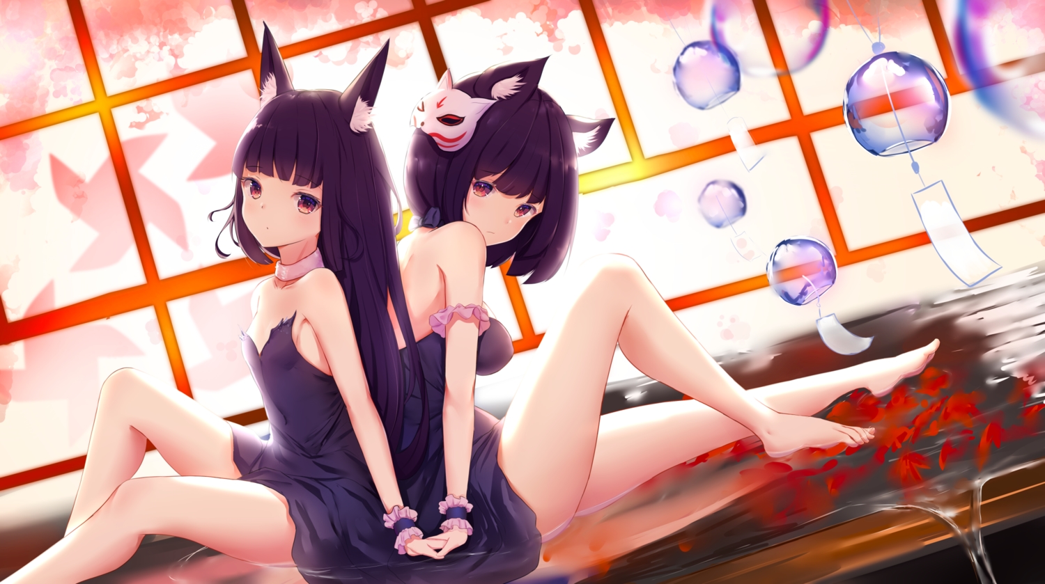 2girls, animal_ears, anthropomorphism, azur_lane, barefoot, catgirl, dress, filings_(ailuo_c), foxgirl, long_hair, nagato_(azur_lane), purple_hair, red_eyes, short_hair, water, yamashiro_(azur_lane)